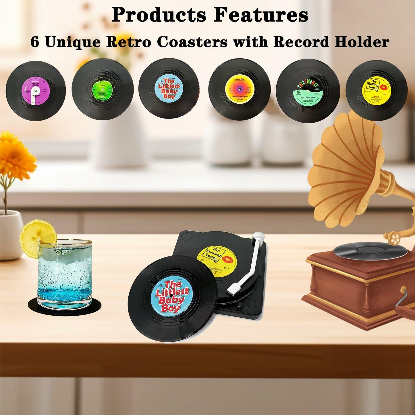 Sufcnire Retro Record Coasters with Vinyl Player Holder Set of 6 M1 Series