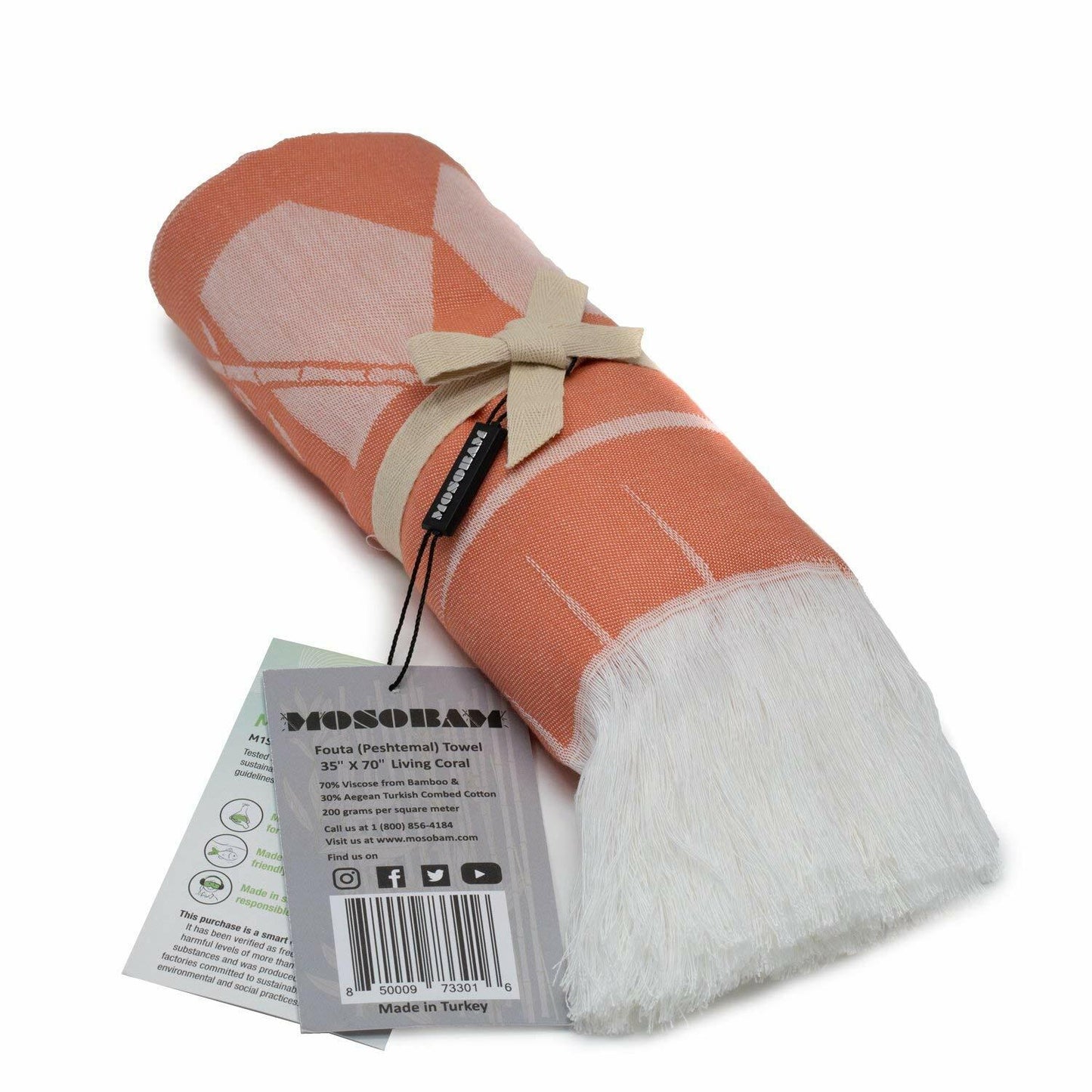 Mosobam Soft Fouta Peshtemal 35x70 Living Coral Lightweight Bamboo Towels