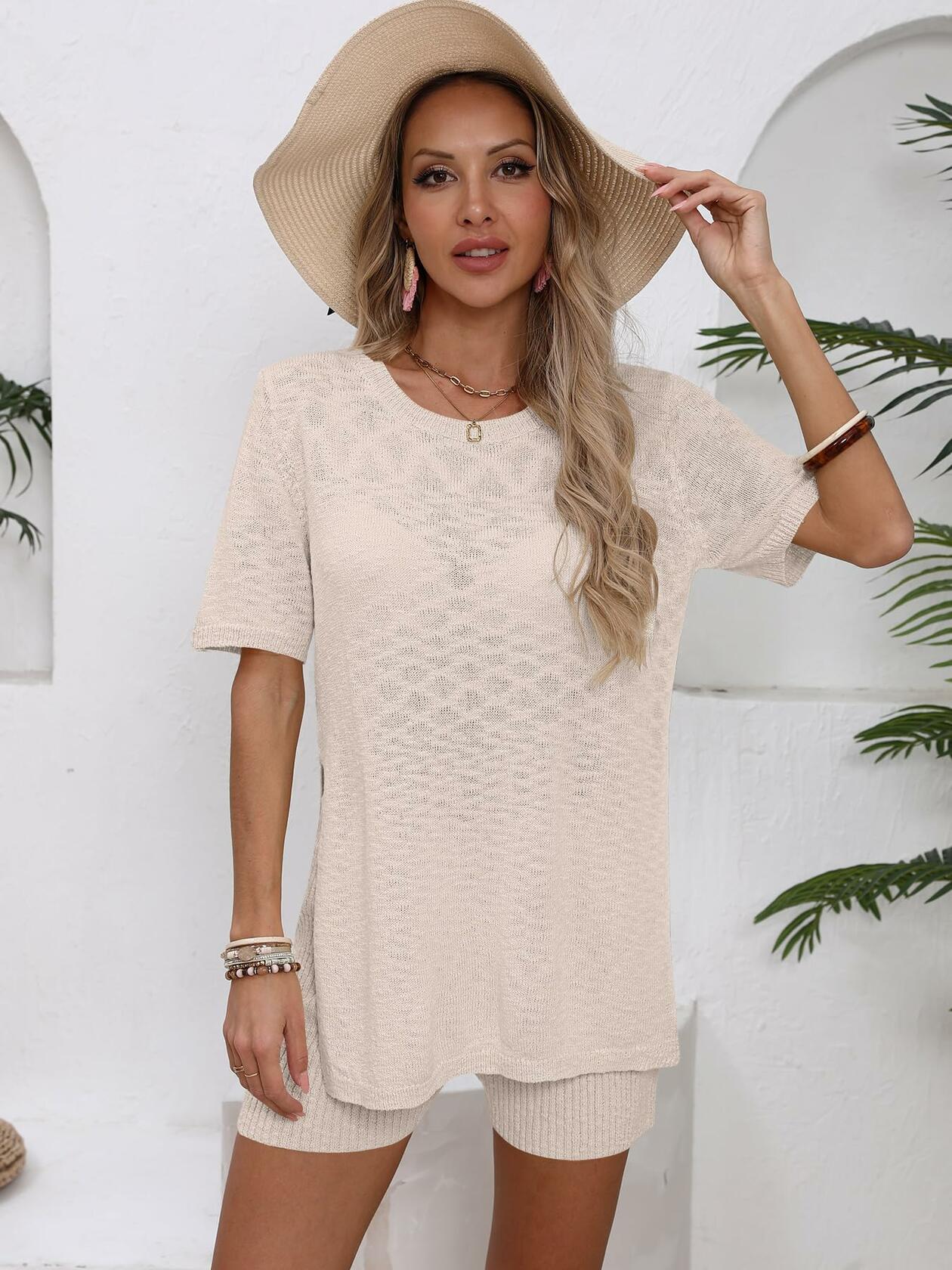 OUKODS Womens 2 Piece Summer Short Sleeve Top & Shorts Set Apricot Size S