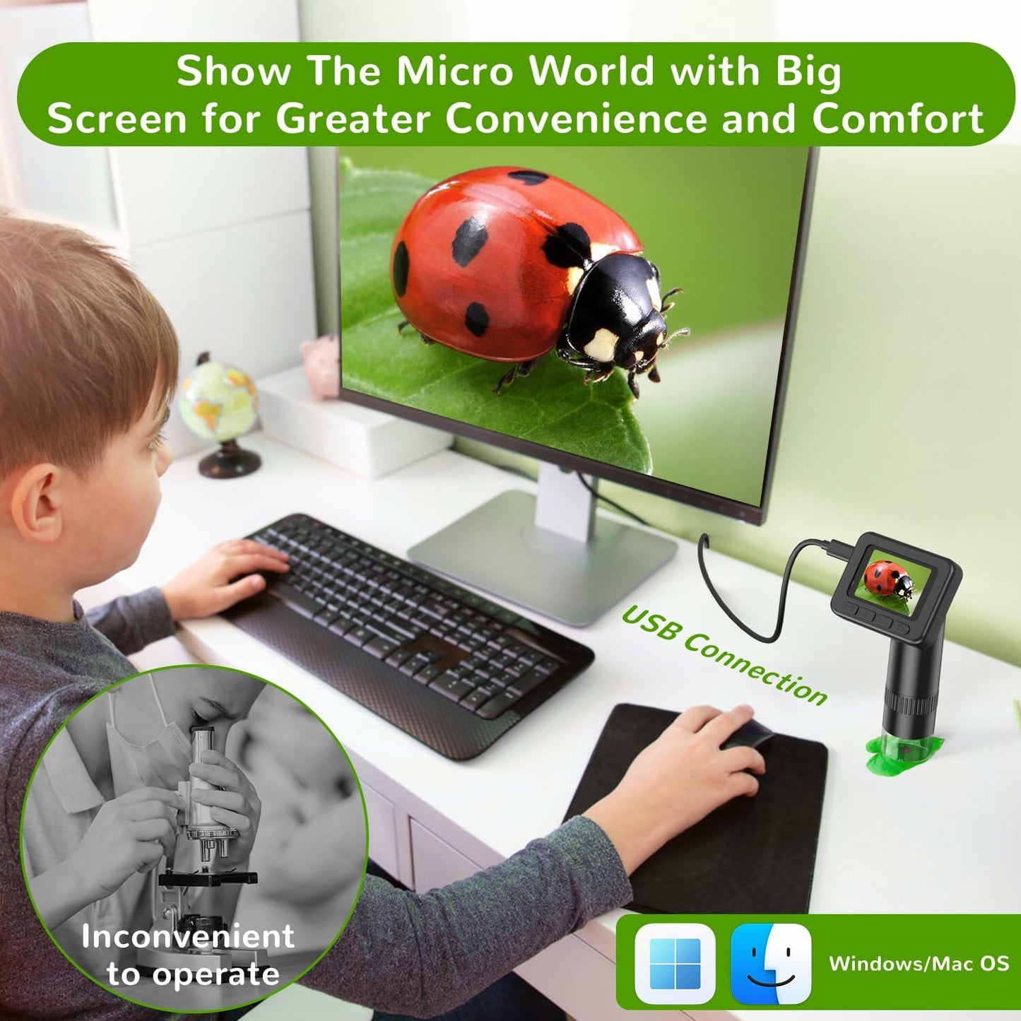 IMICHI Kids Microscope 50X-1000X 2" IPS HD Screen 2-31MP Photos Black