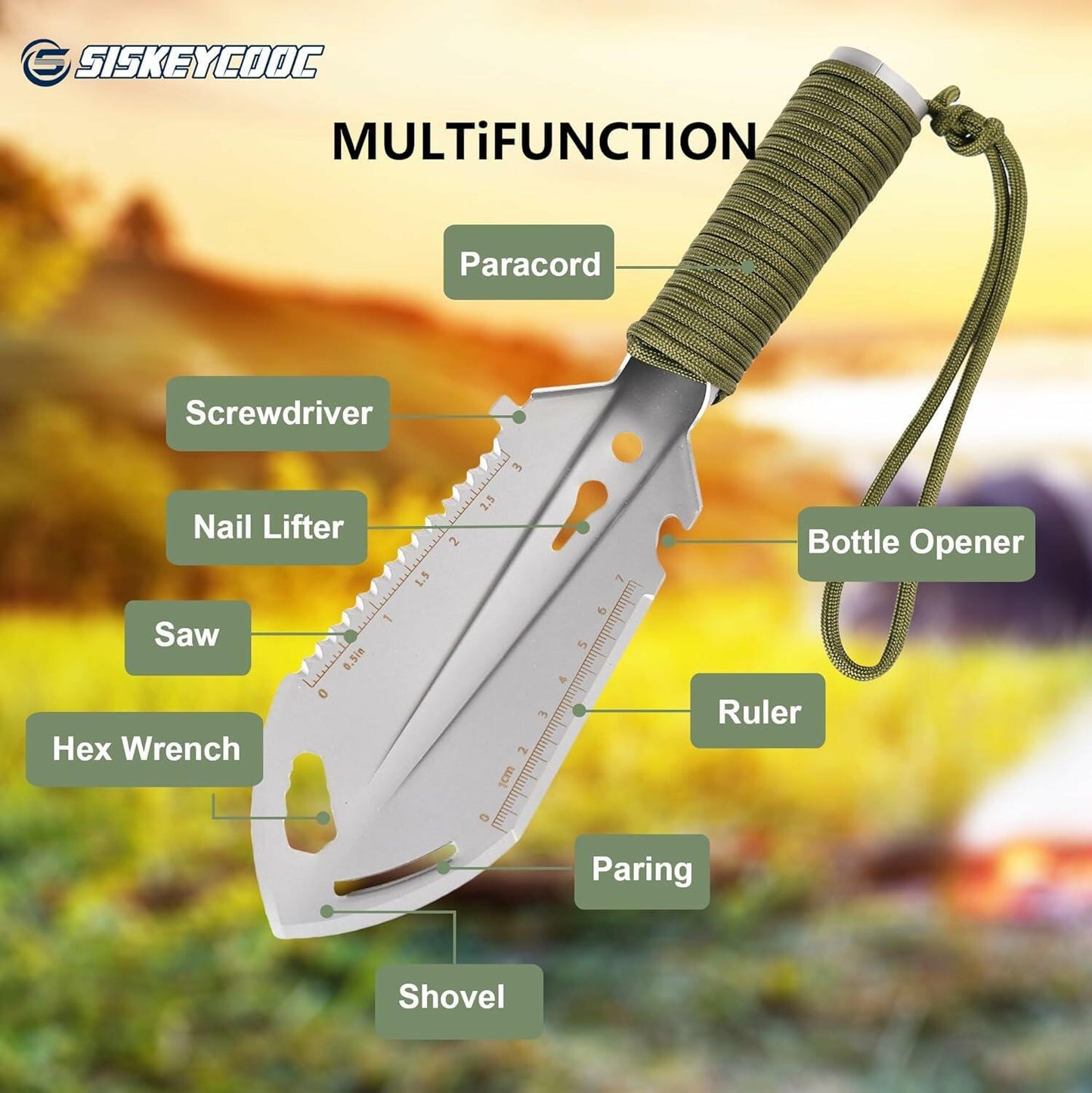 SISKEYCOOC 9-in-1 Camping Trowel with Flint Fire Starter Silver Ultralight