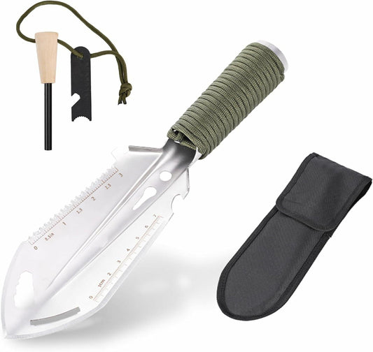 SISKEYCOOC 9-in-1 Camping Trowel with Flint Fire Starter Silver Ultralight