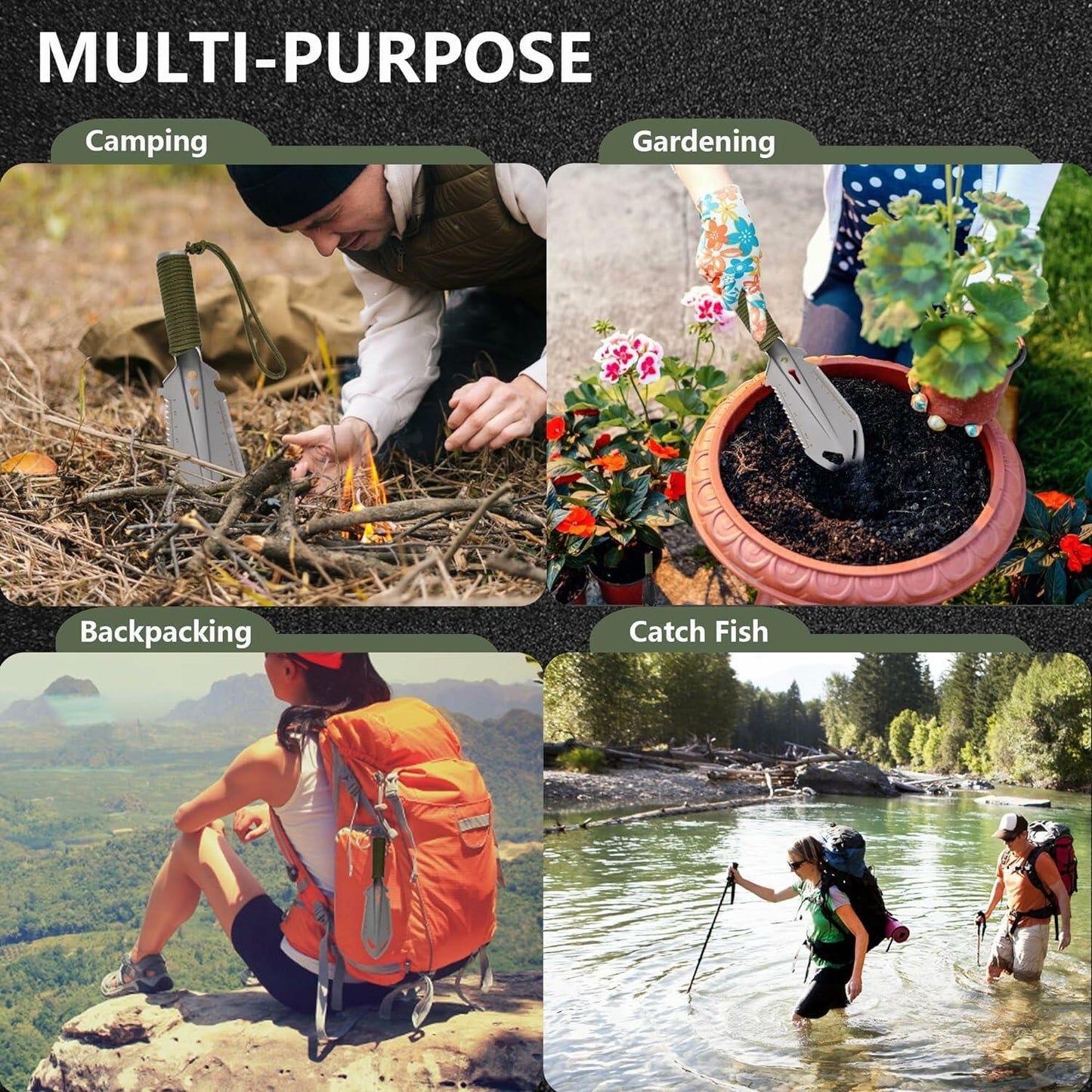 SISKEYCOOC 9-in-1 Camping Trowel with Flint Fire Starter Silver Ultralight