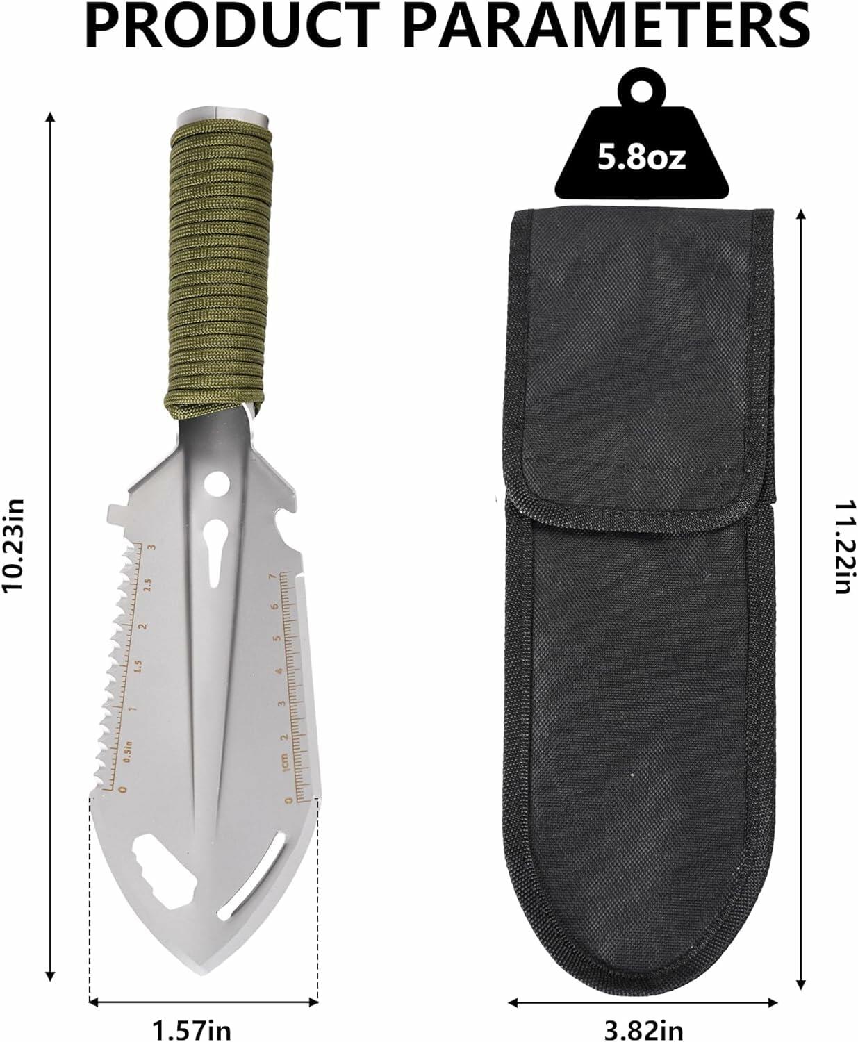 SISKEYCOOC 9-in-1 Camping Trowel with Flint Fire Starter Silver Ultralight