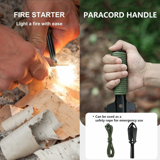 SISKEYCOOC 9-in-1 Camping Trowel with Flint Fire Starter Silver Ultralight