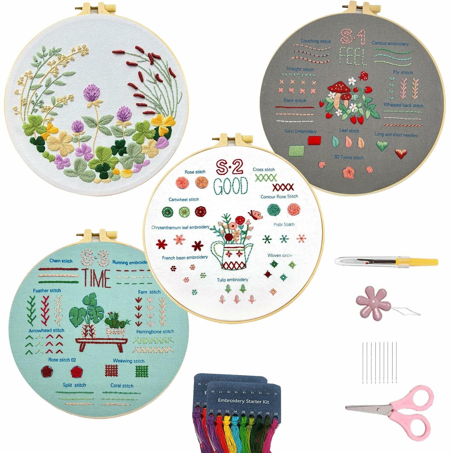 Tophywin 4 Pack Embroidery Kit Floral DIY with Hoop Threads Tools Good times