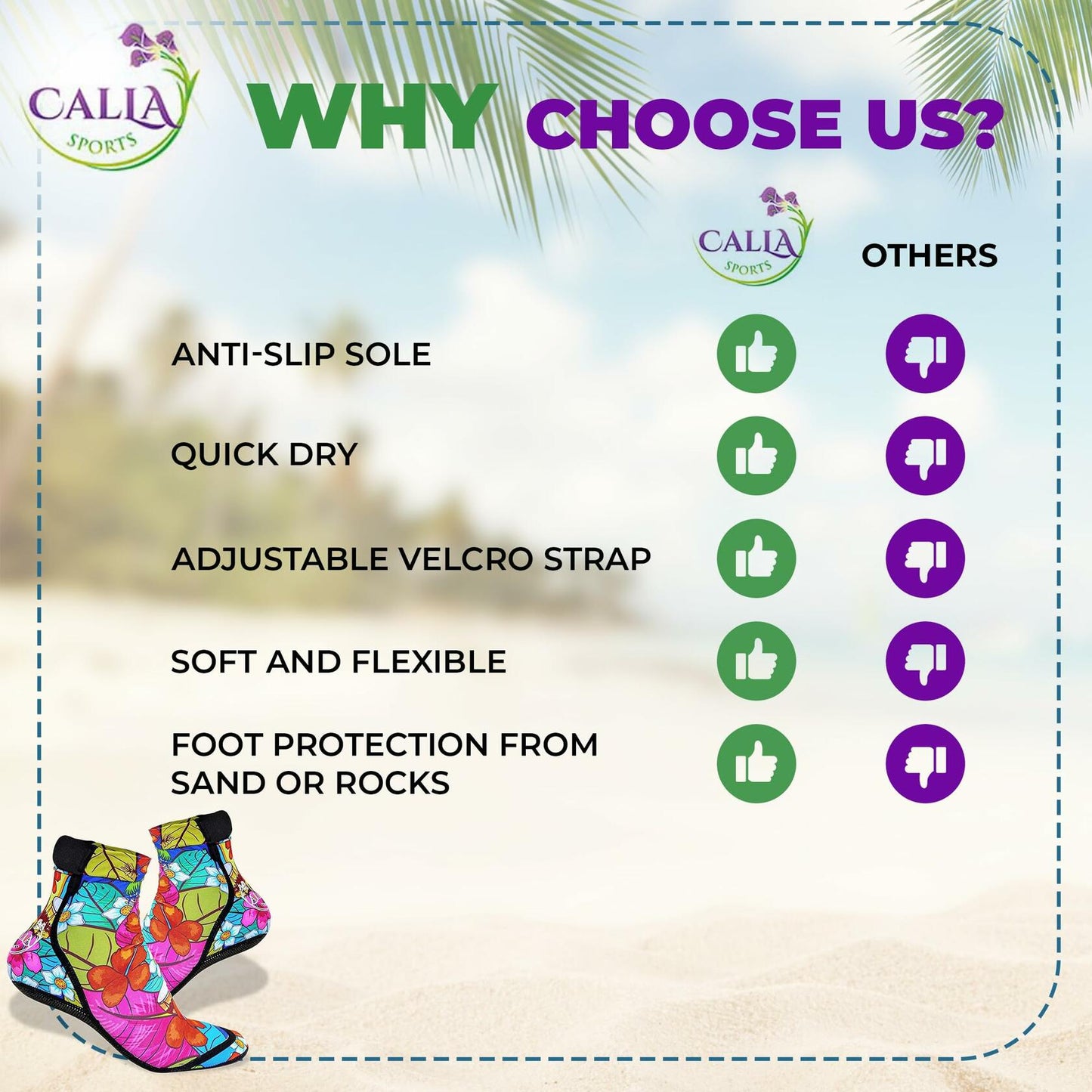 CallaSports Neoprene Beach Socks Water Sand Socks Hawaiian Flowers Size L