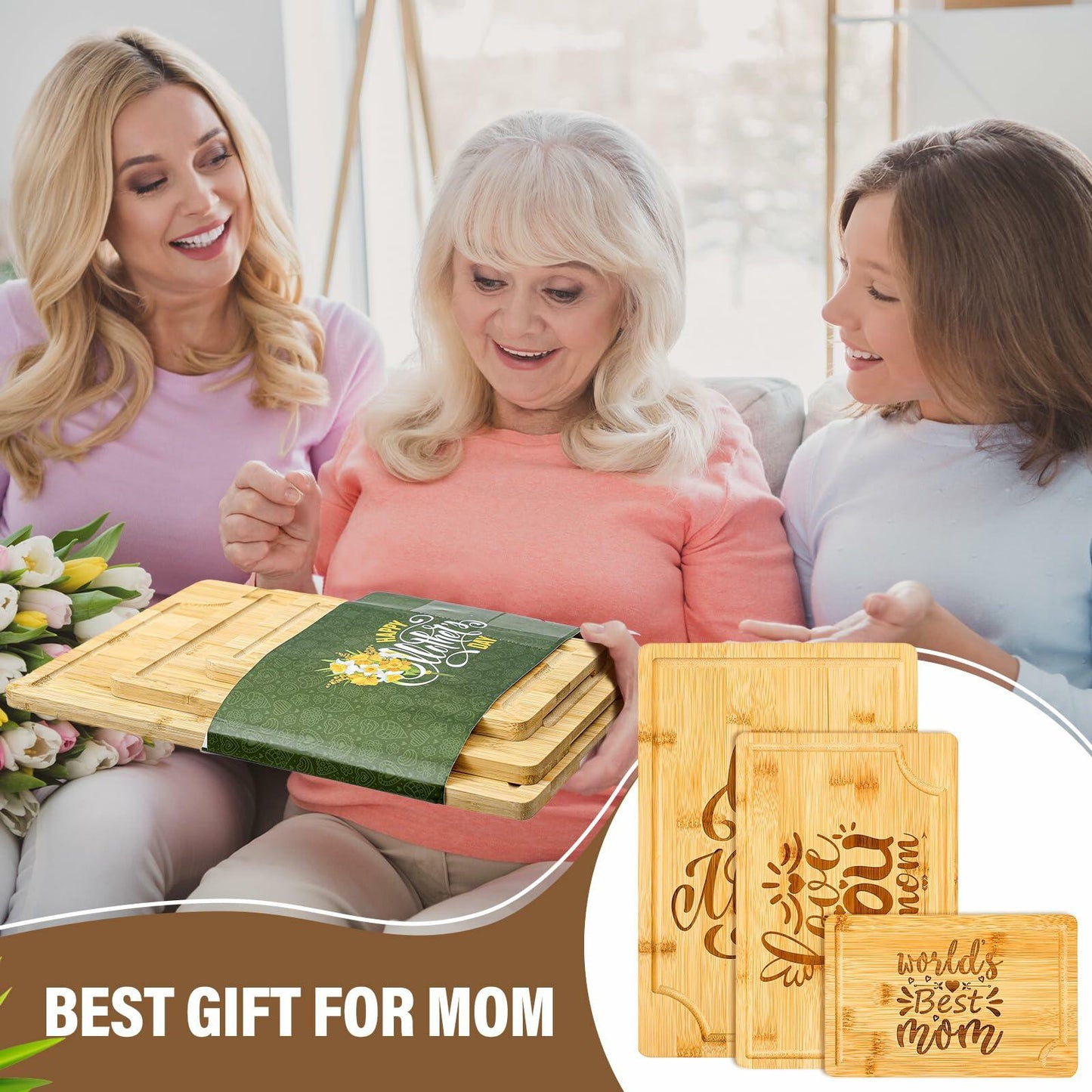 Didaey Bamboo Wood Cutting Board Gift Set for Mom Grandma 3 Pieces