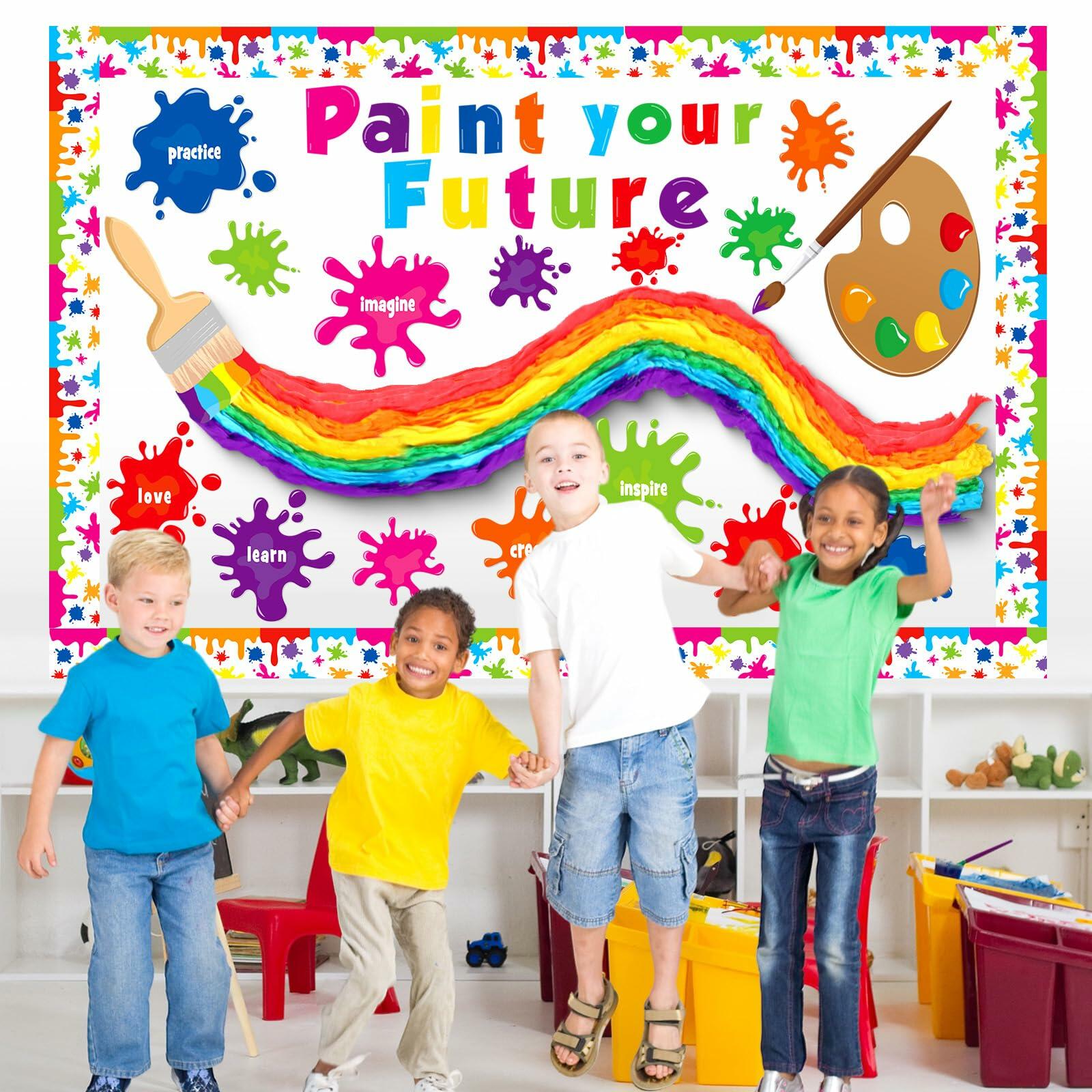 Pasimy 62 Pc 3D Colorful Rainbow Bulletin Board Set DIY Crepe Paper Rolls