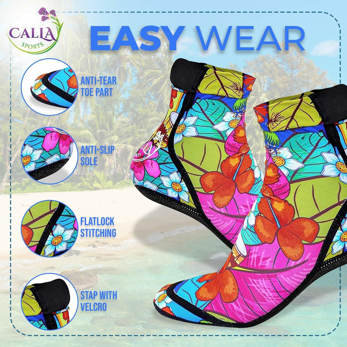 CallaSports Neoprene Beach Socks Water Sand Socks Hawaiian Flowers Size L