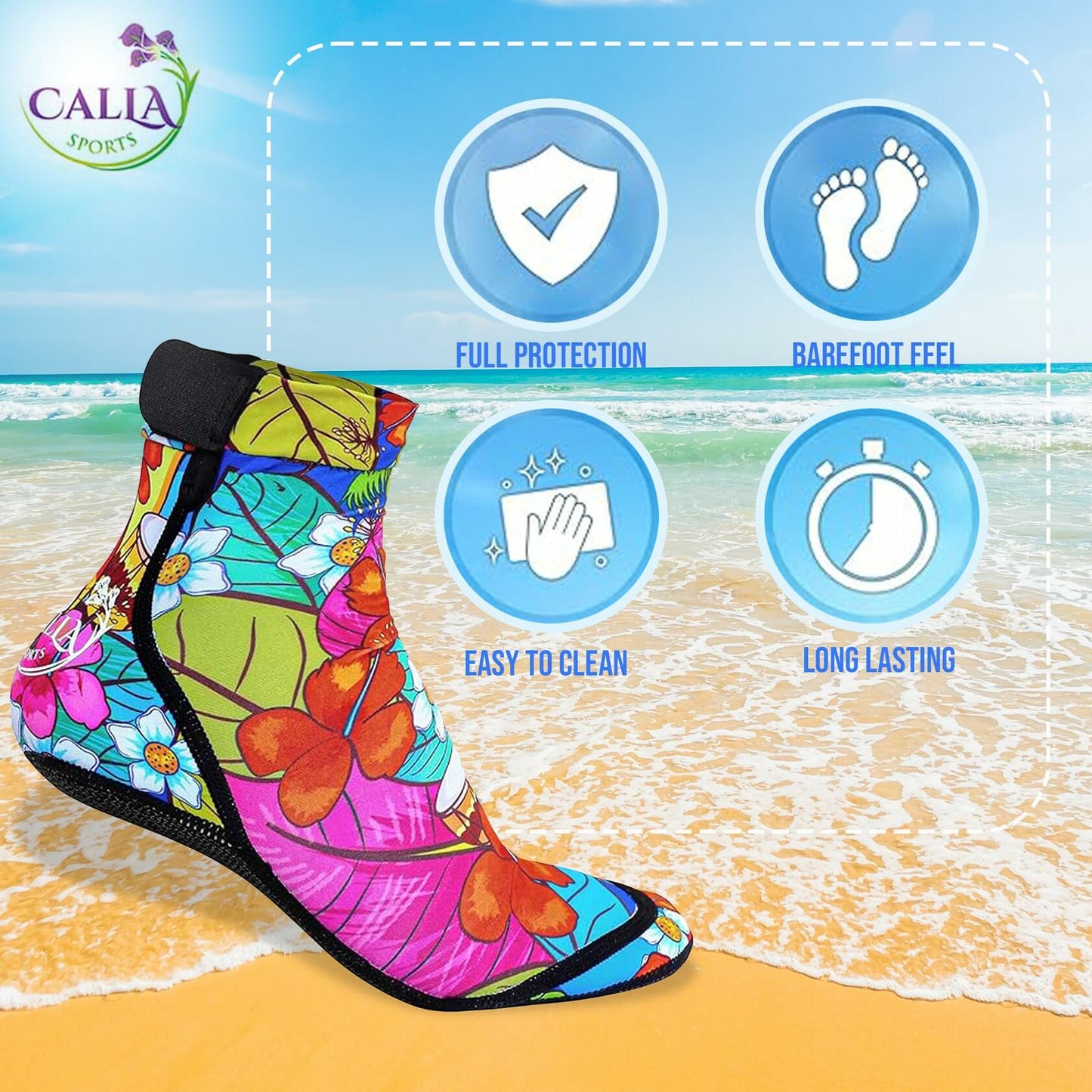 CallaSports Neoprene Beach Socks Water Sand Socks Hawaiian Flowers Size L