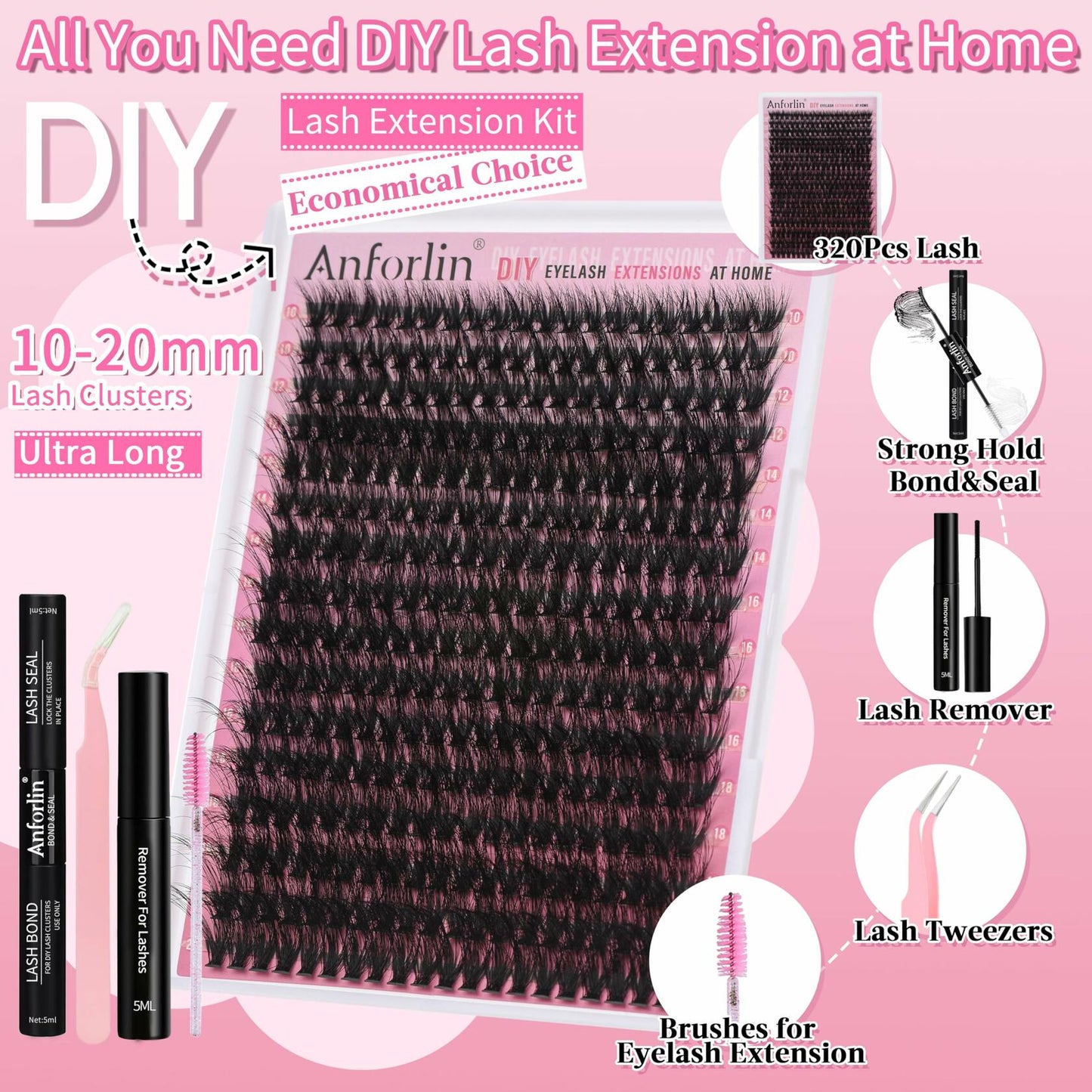 Anforlin Fluffy Lash Clusters 60D D Curl 14-22mm 280 PCS Black
