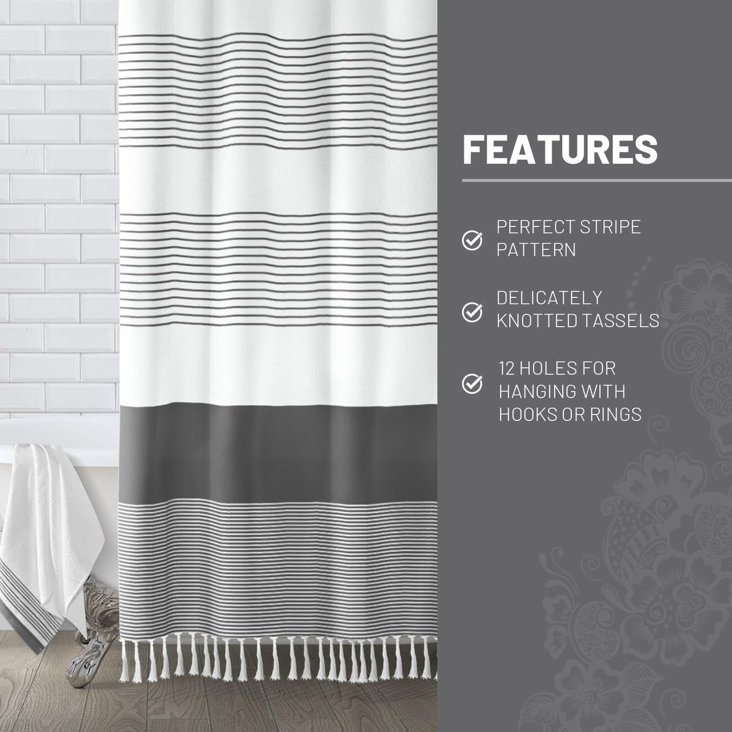 Awellife Stripe Tassel Shower Curtain Dark Grey 84x72 Boho Farmhouse