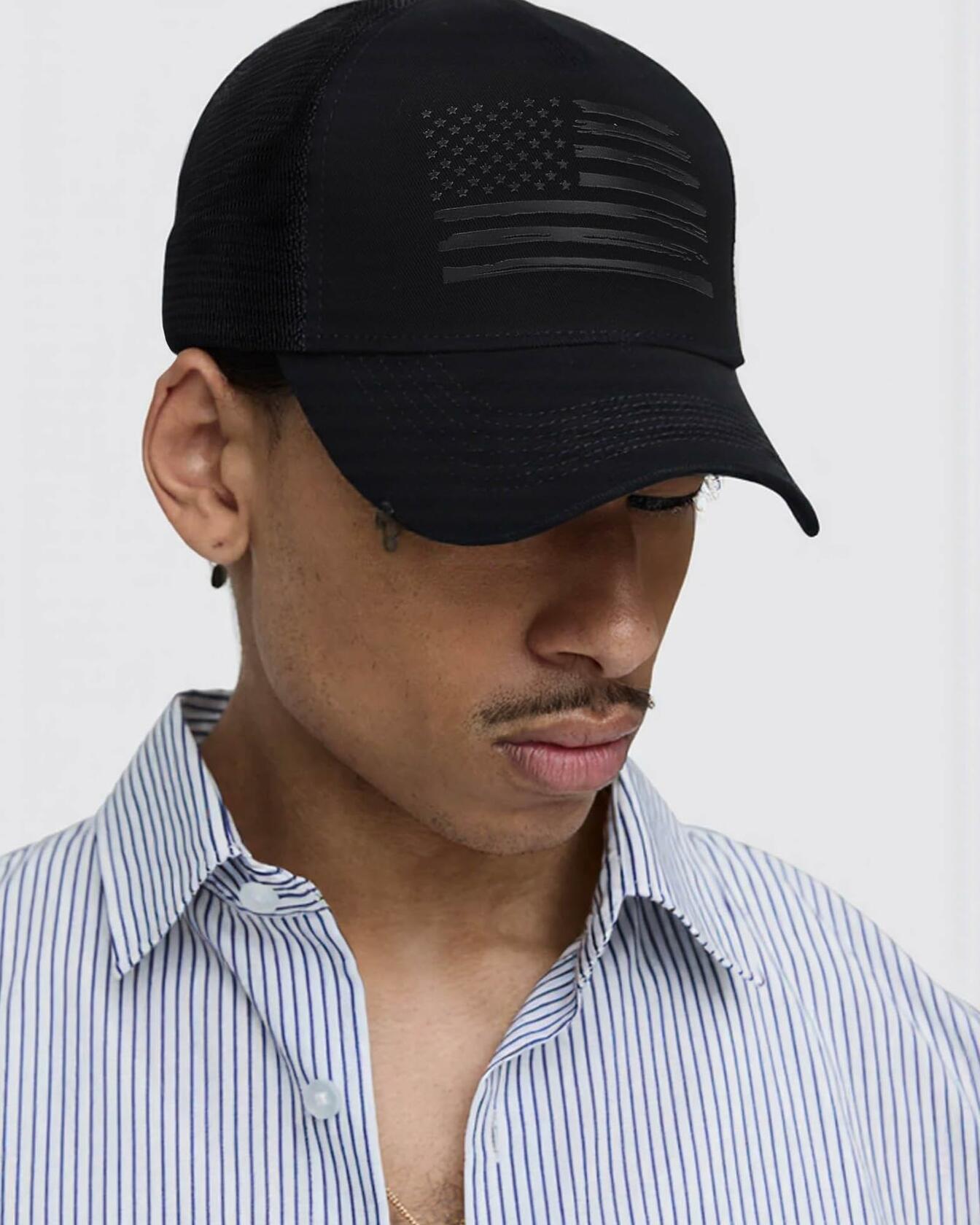 AWAYTR American Flag Trucker Snapback Hat Black One Size