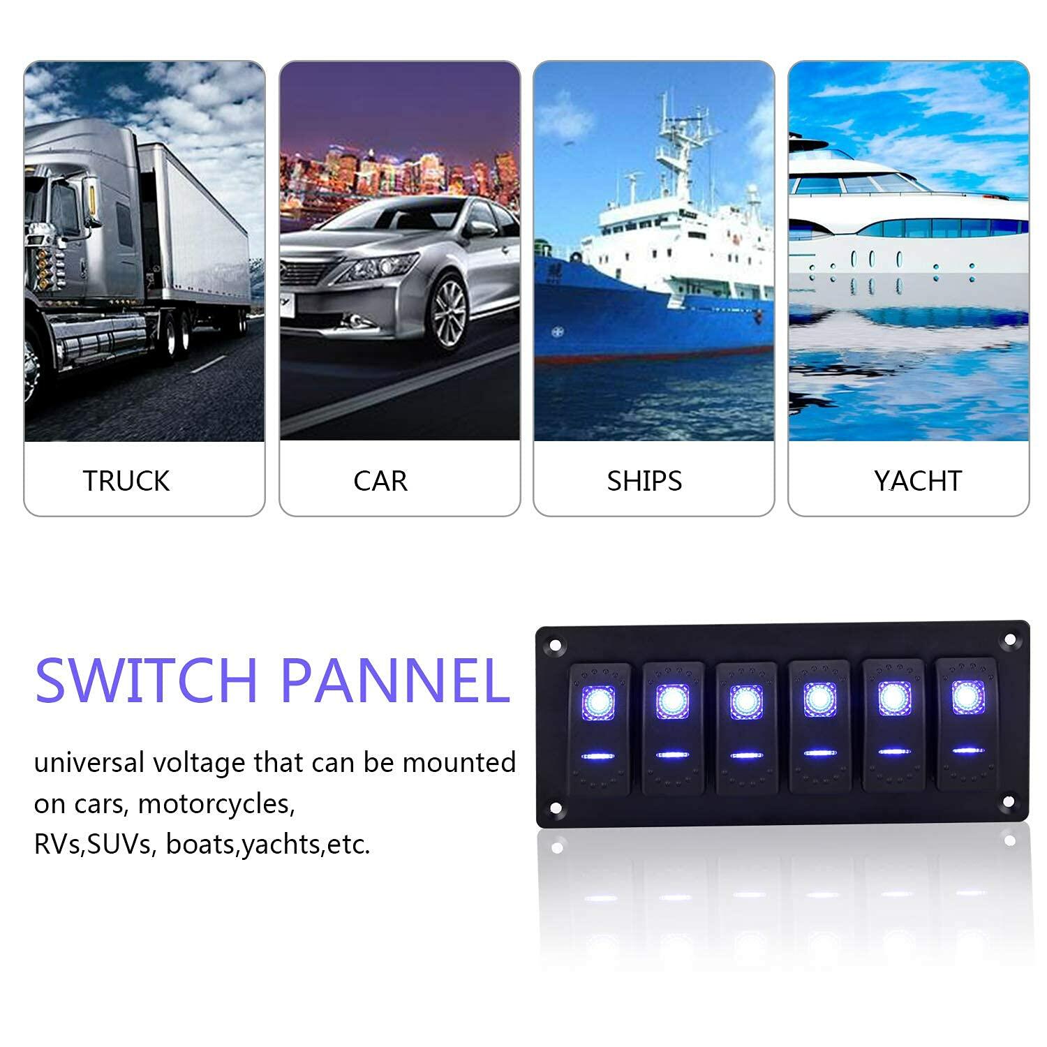 Garfour Marine 6 Gang 5 Pin Red LED Aluminum Rocker Switch Panel