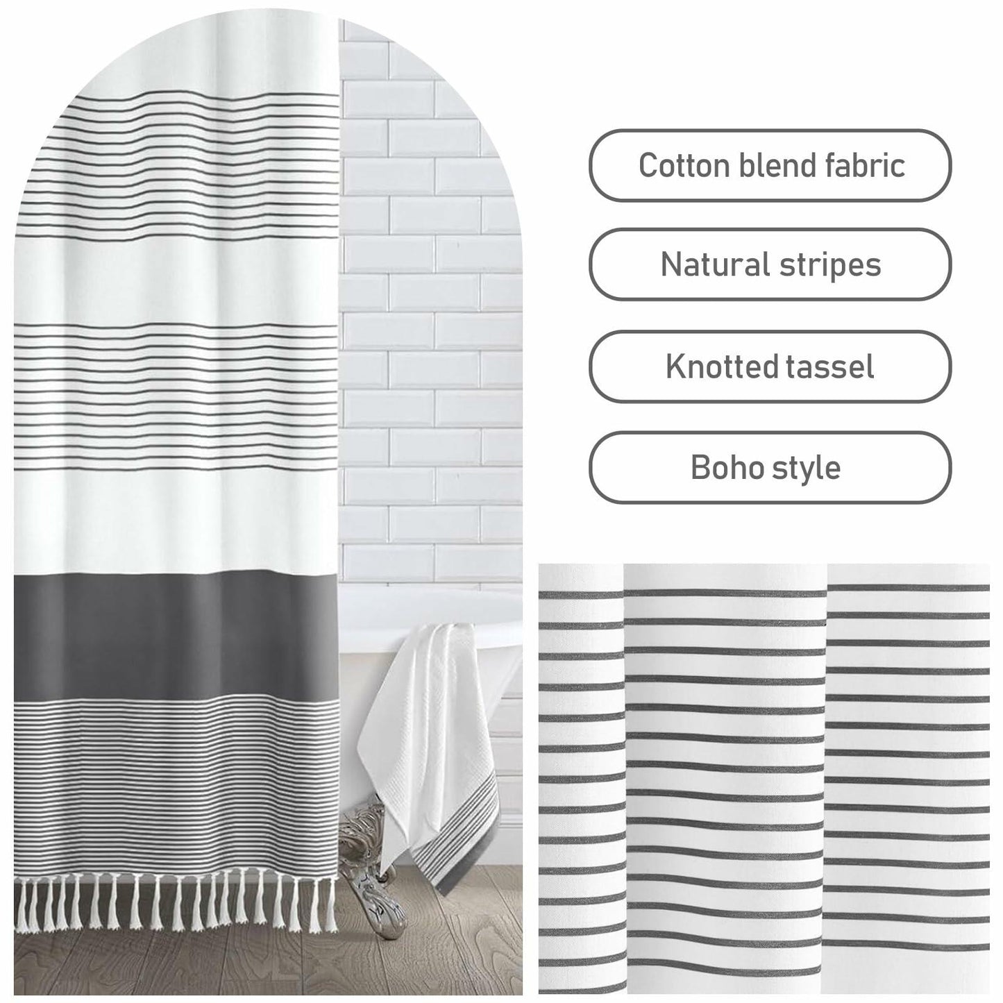 Awellife Stripe Tassel Shower Curtain Dark Grey 84x72 Boho Farmhouse