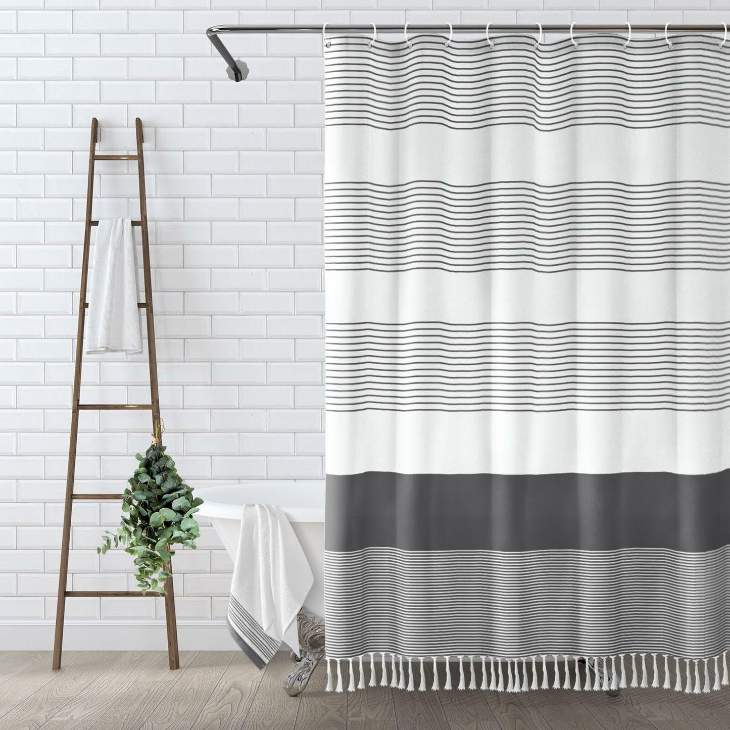 Awellife Stripe Tassel Shower Curtain Dark Grey 84x72 Boho Farmhouse