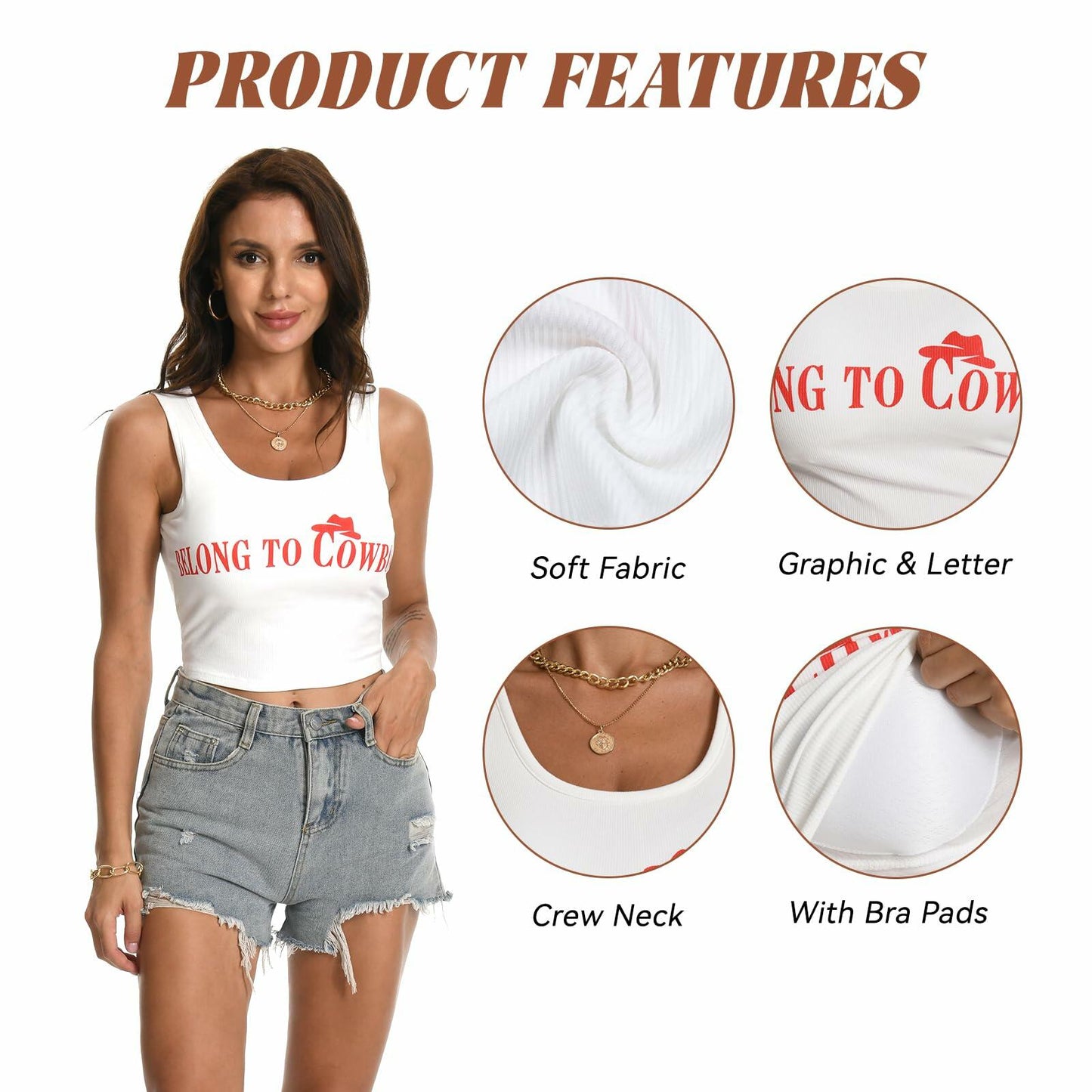 WELLATENT Cowboy Tank Shirt Western Cowgirl Crop Top White Size S