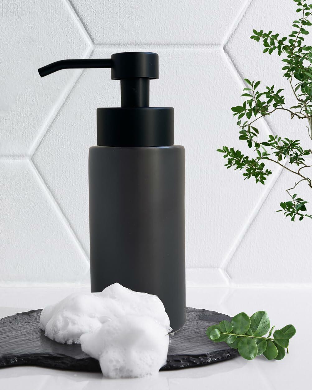 UNBONSOUHAIT 11.5 Oz Black Stripe Ceramic Foaming Soap Dispenser Refillable