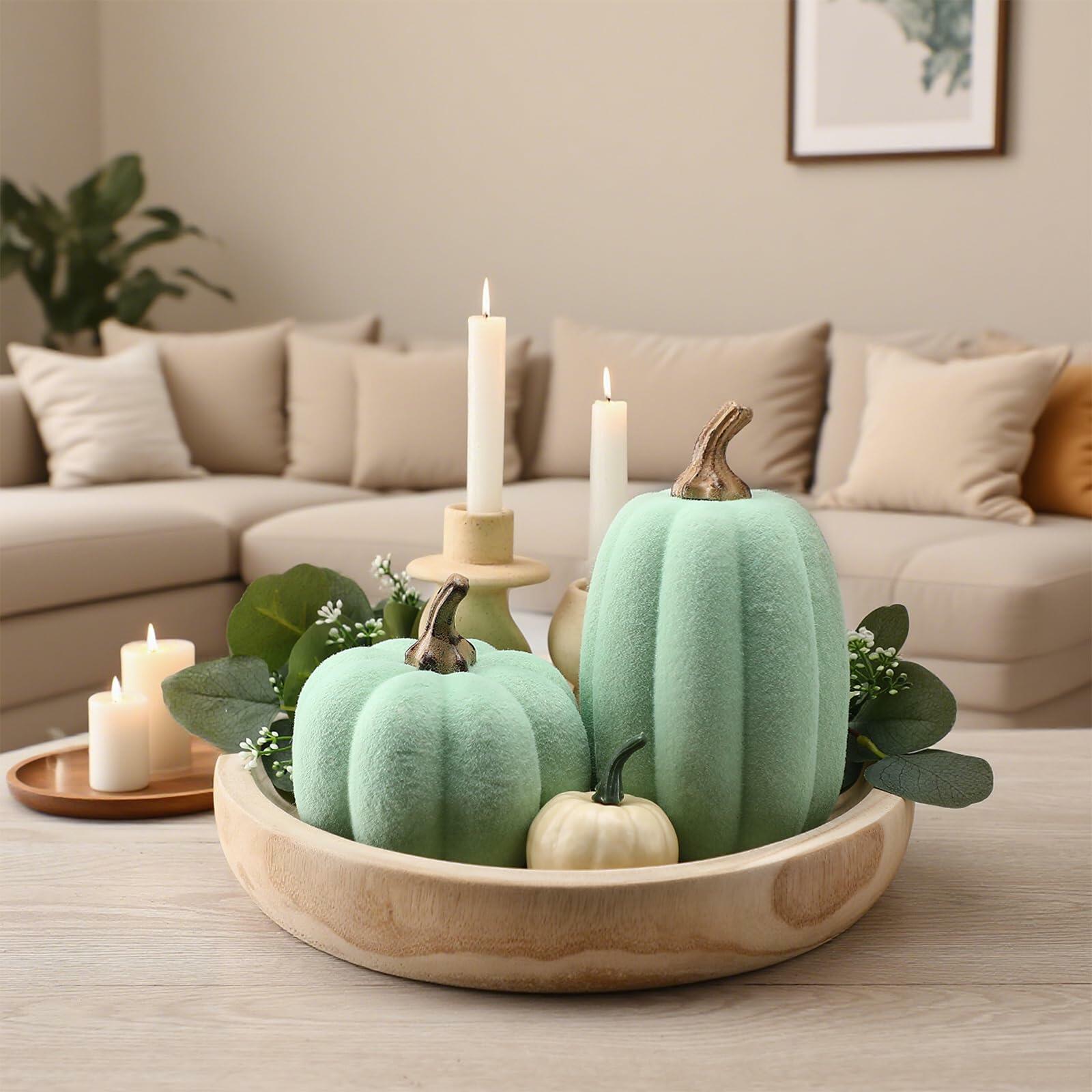 Vicenpal 2 Pcs Green Foam Pumpkins Fall Thanksgiving Decor Flocked Velvet