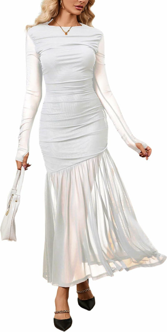 PerZeal Women Elegant Formal Long Sleeve Ruched Bodycon Maxi Dress White Size XL