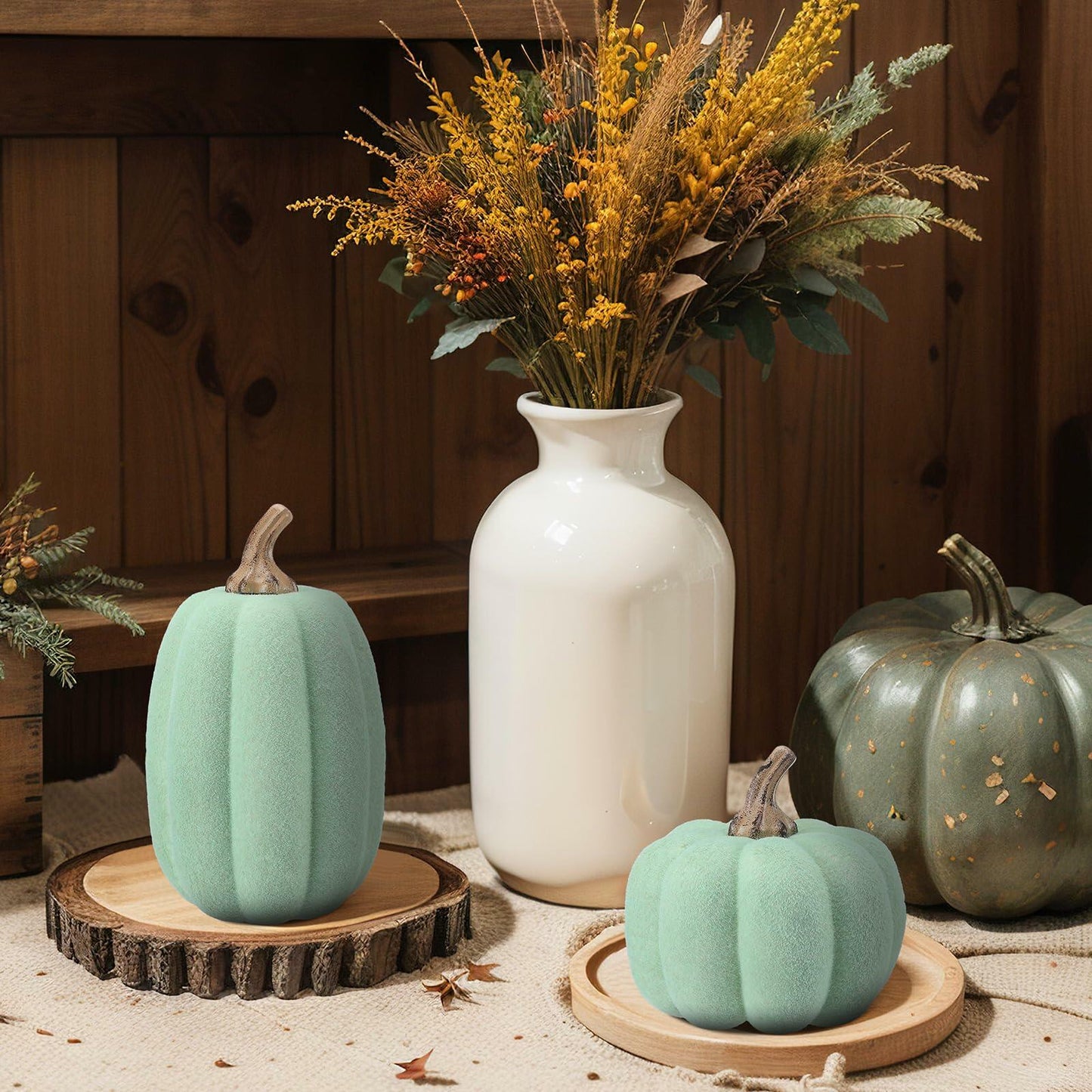 Vicenpal 2 Pcs Green Foam Pumpkins Fall Thanksgiving Decor Flocked Velvet