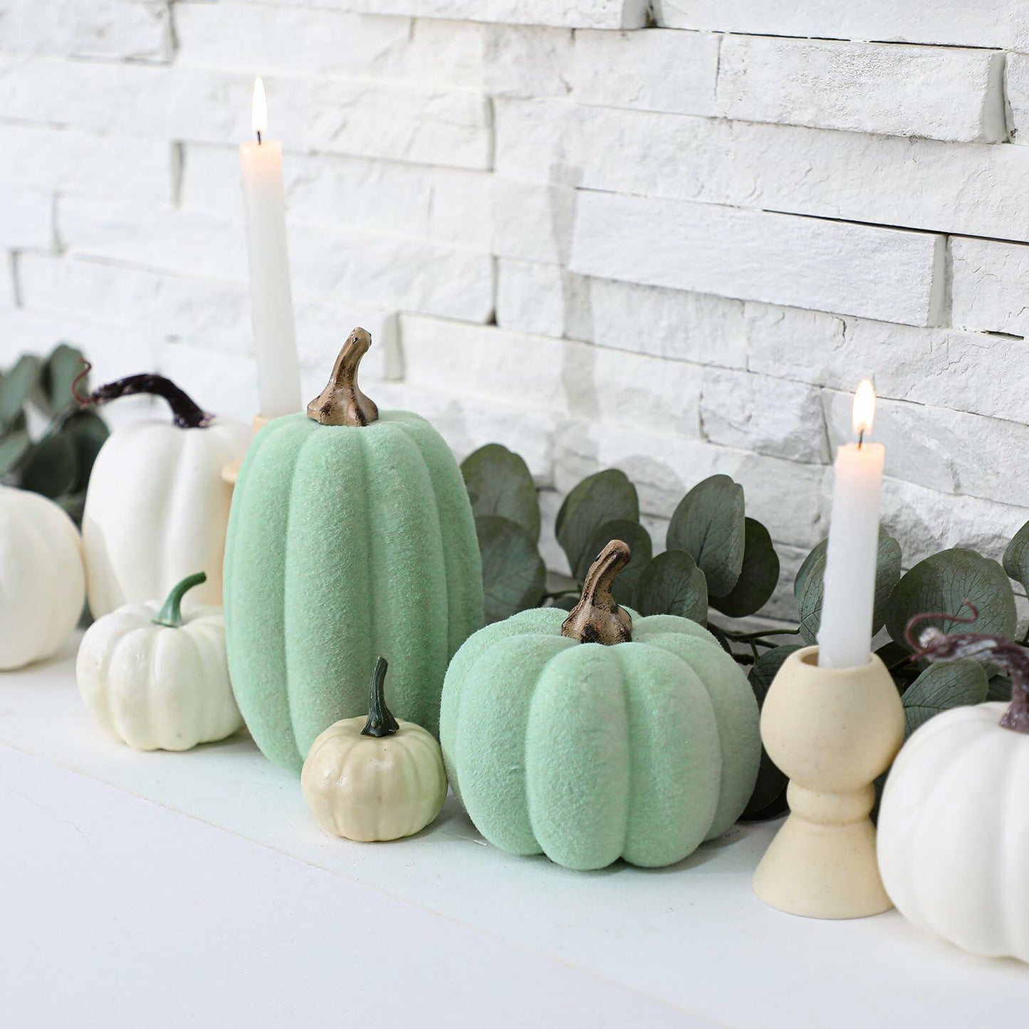 Vicenpal 2 Pcs Green Foam Pumpkins Fall Thanksgiving Decor Flocked Velvet