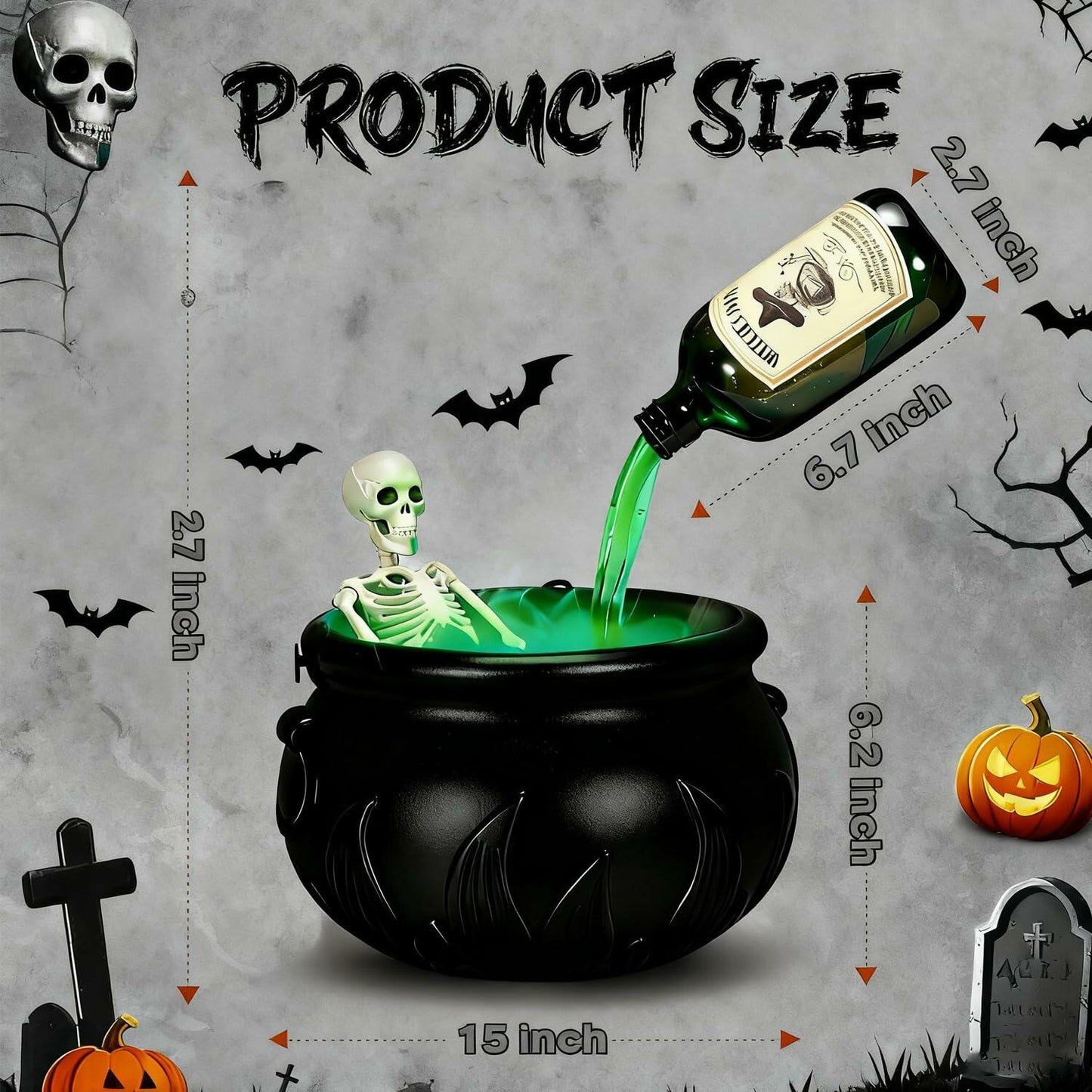 Miniling Large Black Cauldron Decor with Skeleton & Fog Diffuser 10x6.2in