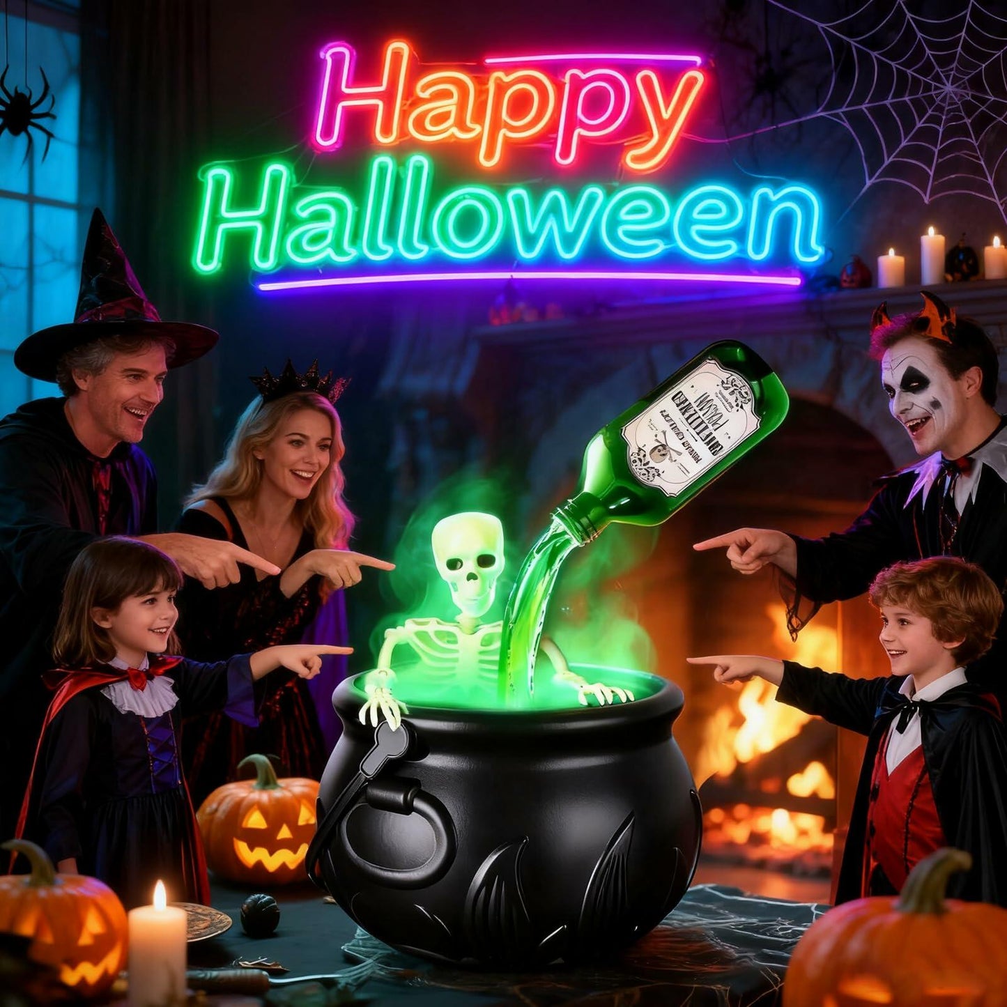 Miniling Large Black Cauldron Decor with Skeleton & Fog Diffuser 10x6.2in