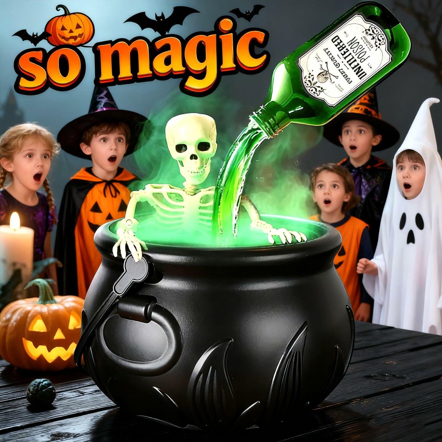 Miniling Large Black Cauldron Decor with Skeleton & Fog Diffuser 10x6.2in