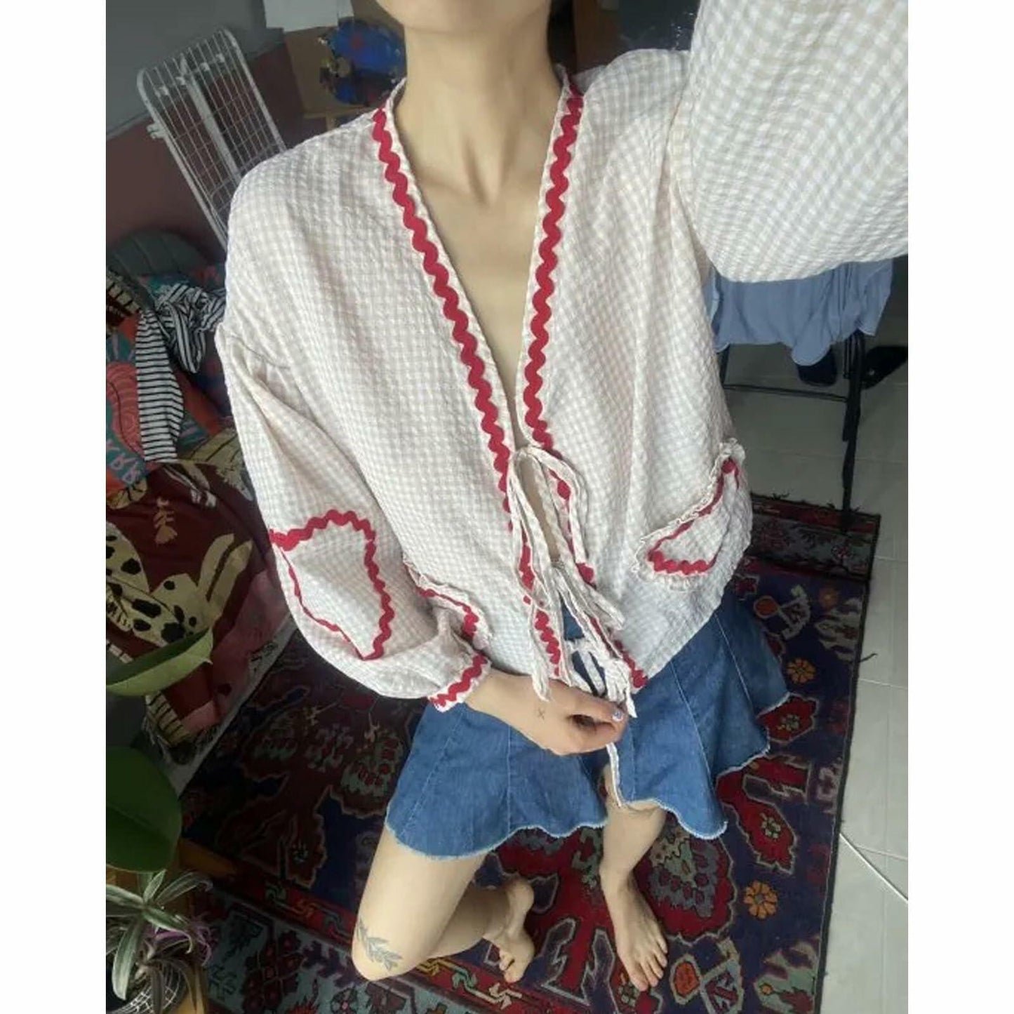 MANGMAO Coquette Tie Front Valentine Shirt Khaki Gingham Long Sleeve Size L