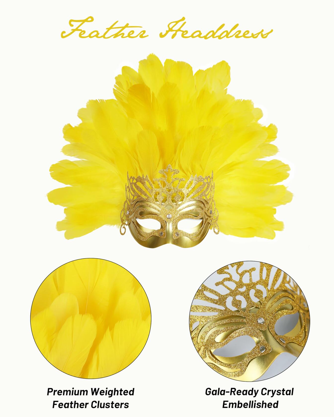 JPXH Masquerade Mask Feather Carnival Showgirl Headpiece Costume Yellow