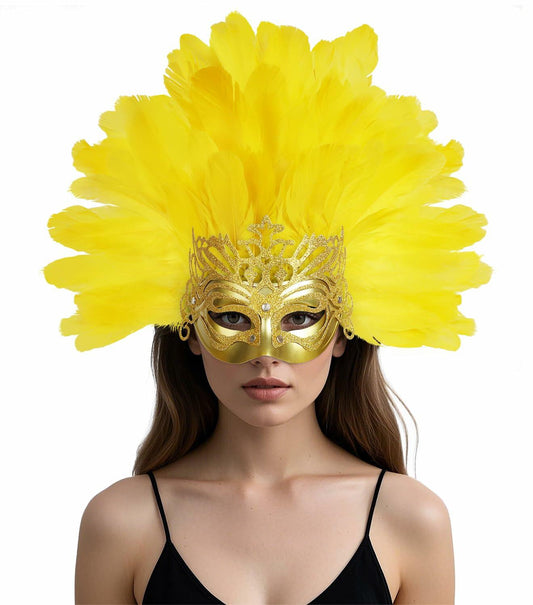 JPXH Masquerade Mask Feather Carnival Showgirl Headpiece Costume Yellow