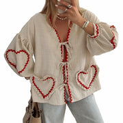 MANGMAO Coquette Tie Front Valentine Shirt Khaki Gingham Long Sleeve Size L