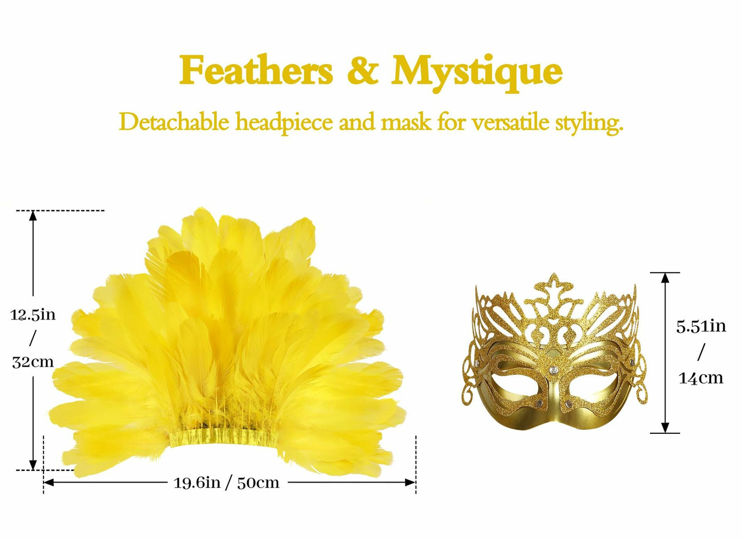 JPXH Masquerade Mask Feather Carnival Showgirl Headpiece Costume Yellow