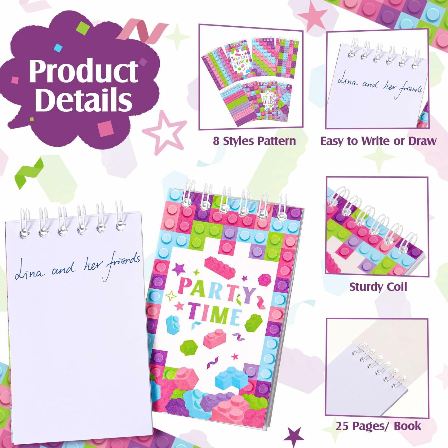 PerKoop Pink Building Block Mini Spiral Notepads 24 Pieces Kids Party Favor