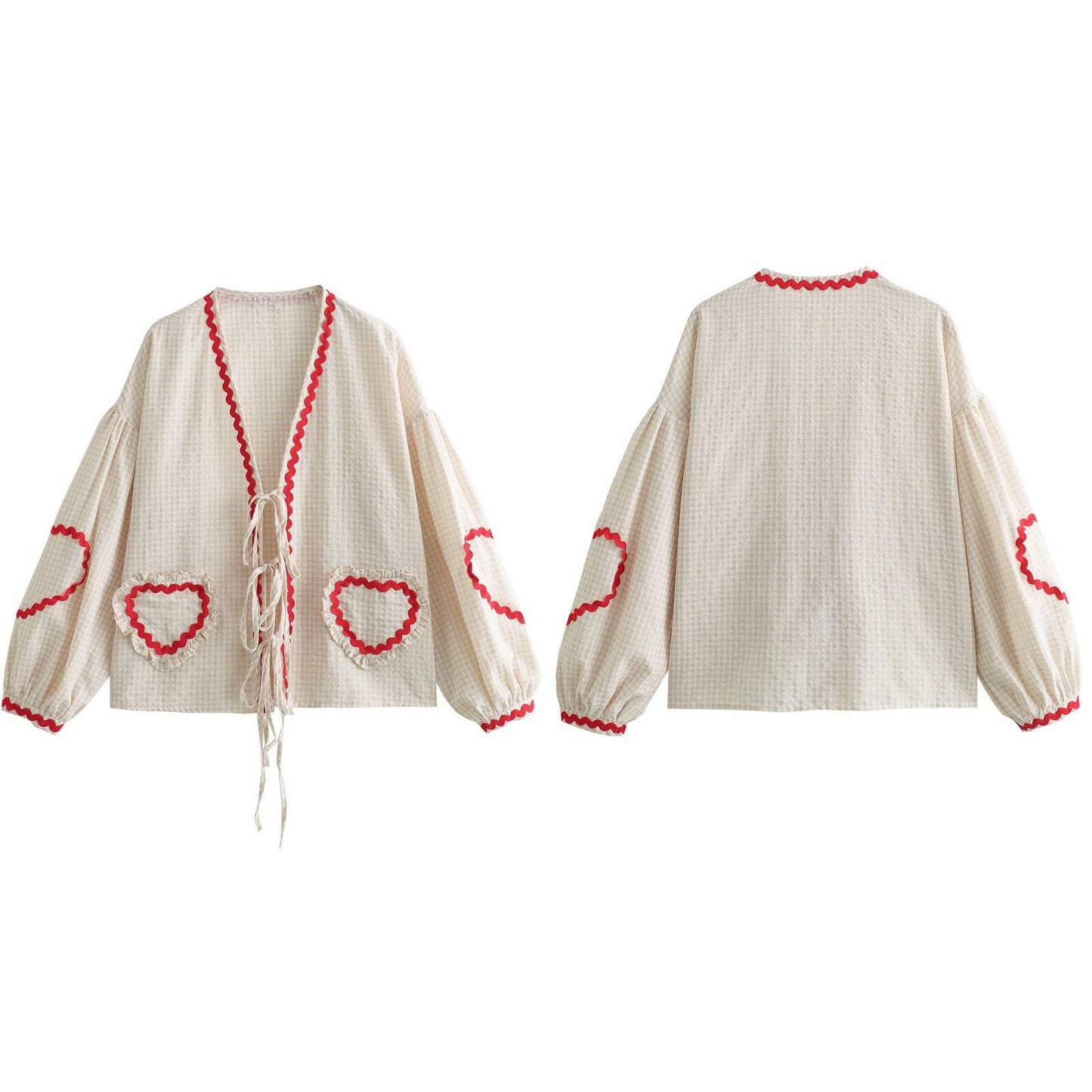 MANGMAO Coquette Tie Front Valentine Shirt Khaki Gingham Long Sleeve Size L