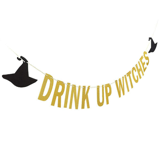 LeeSky Gold Drink Up Witches Banner Halloween Bachelorette Party Decoration