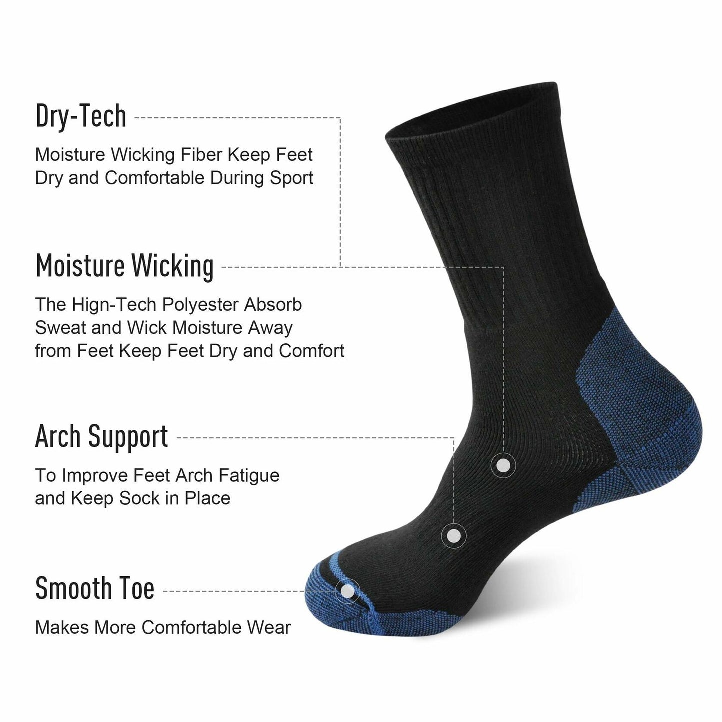 ECOEY Men’s Dry-Tech Work Boot Crew Socks 8 Pairs Black Blue Size 9-11