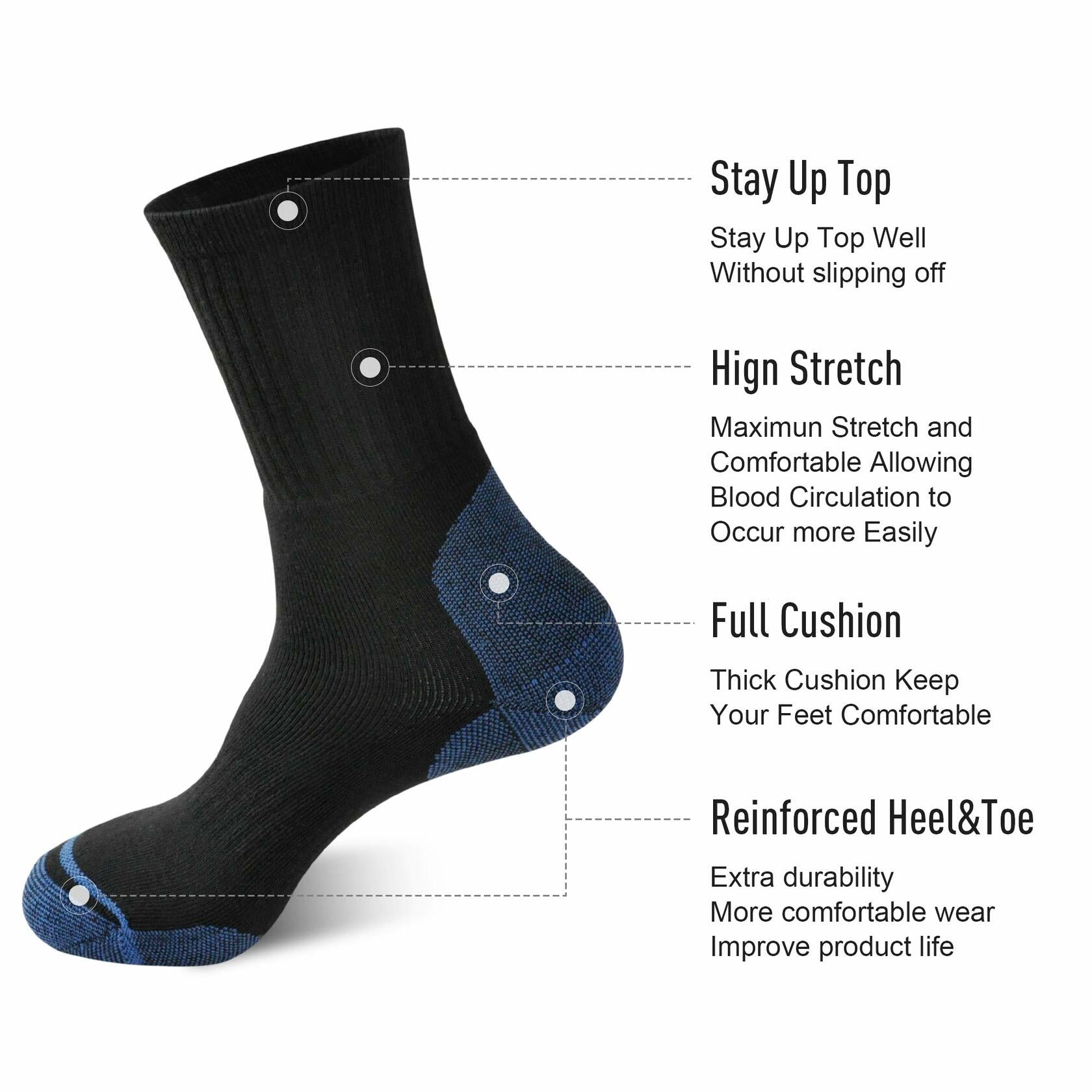 ECOEY Men’s Dry-Tech Work Boot Crew Socks 8 Pairs Black Blue Size 9-11