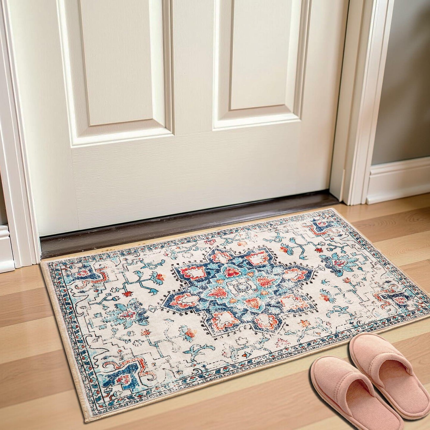 Puremy 2x3 Vintage Boho Entryway Rug Non Slip Low Pile Floral Cream