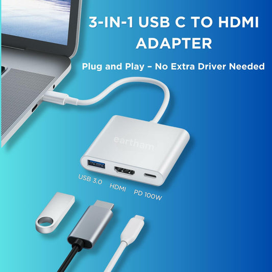eartham USB C to HDMI Adapter 3-in-1 Hub 4K 30Hz 100W PD USB 3.0 Silver