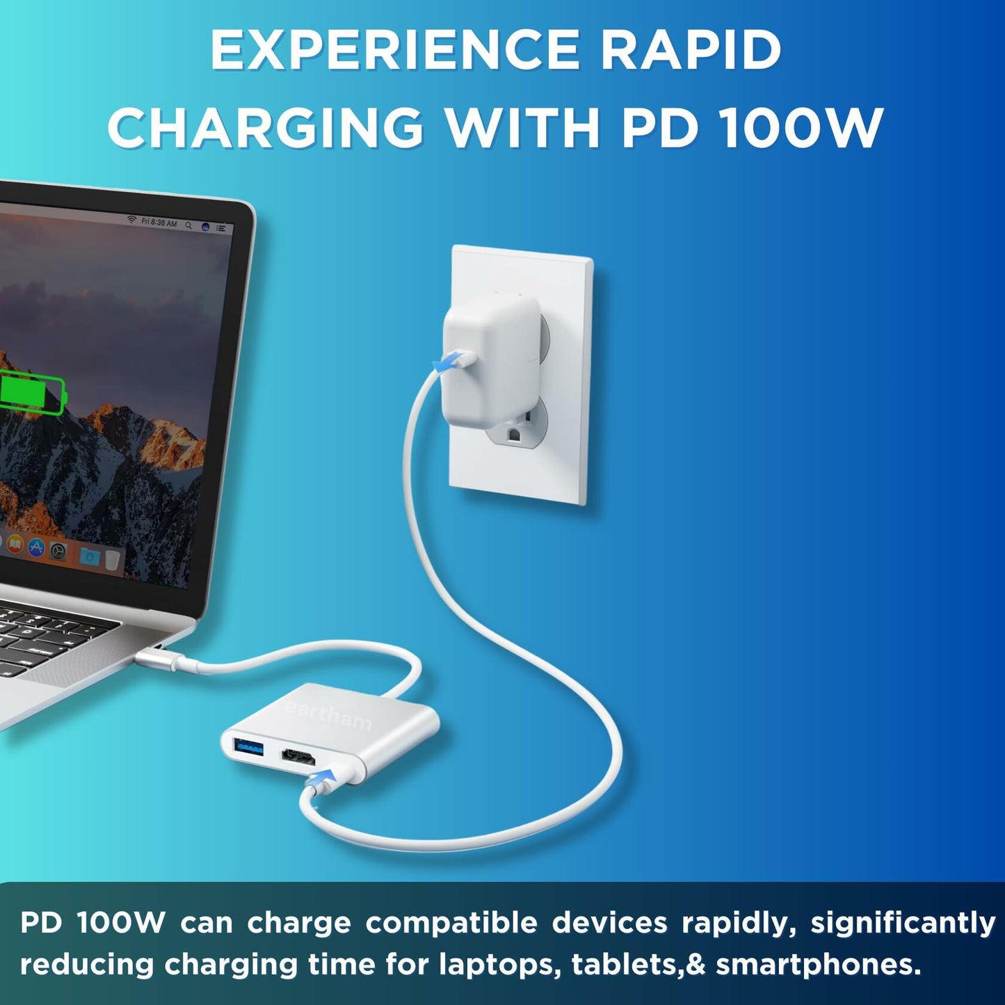 eartham USB C to HDMI Adapter 3-in-1 Hub 4K 30Hz 100W PD USB 3.0 Silver