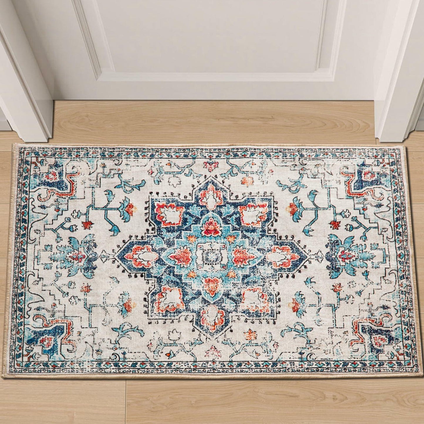 Puremy 2x3 Vintage Boho Entryway Rug Non Slip Low Pile Floral Cream