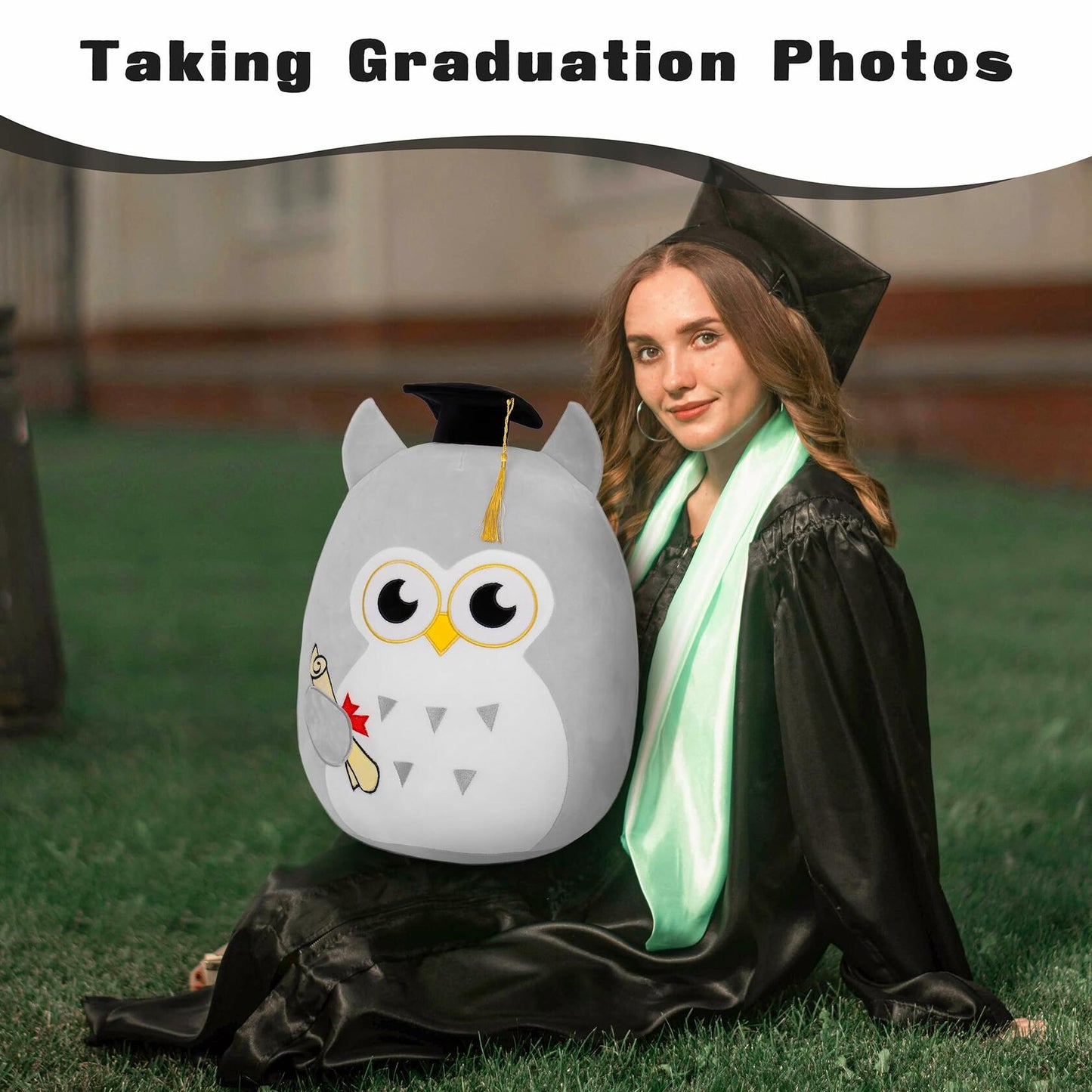 OurHonor Graduation Plush Owl Stuffed Animal Gray Soft Pillow Toy 7in