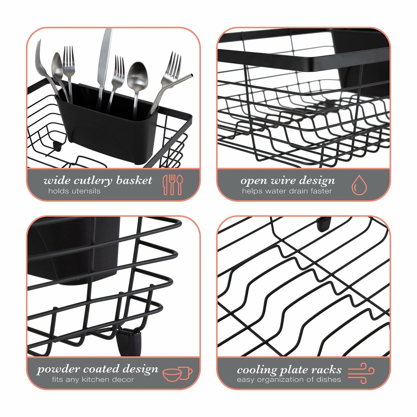 Kitchen Details Flat Wire Dish Drying Rack with Cutlery Basket Black