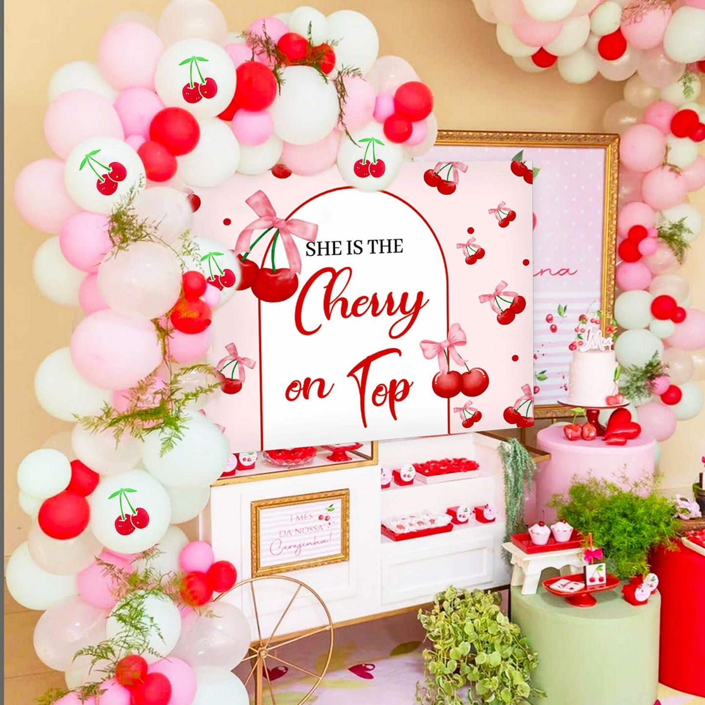 BACH AND BOUJEE She's The Cherry on Top Baby Shower Backdrop Red Balloons