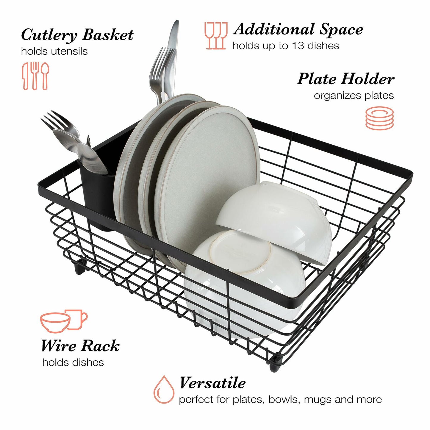 Kitchen Details Flat Wire Dish Drying Rack with Cutlery Basket Black