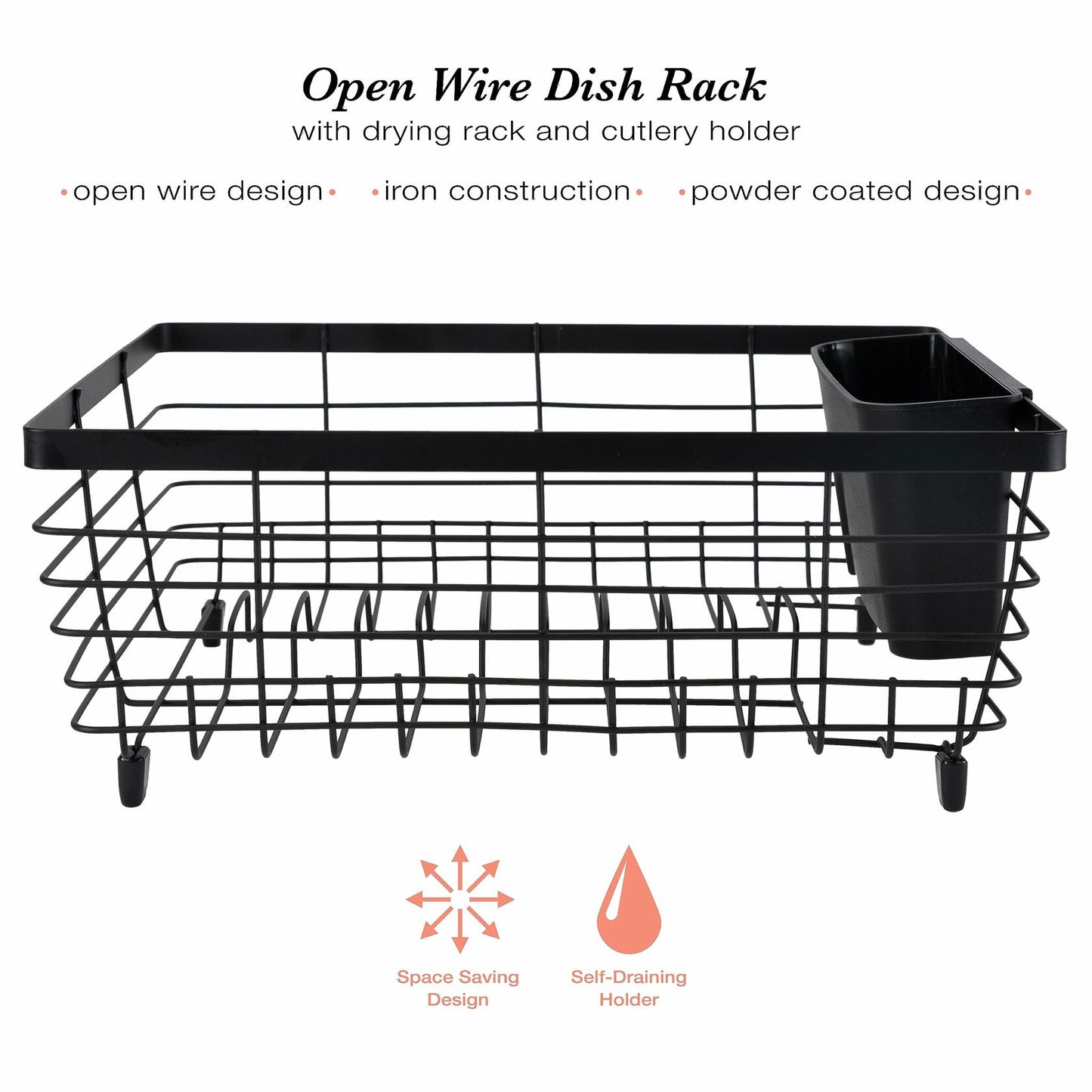 Kitchen Details Flat Wire Dish Drying Rack with Cutlery Basket Black