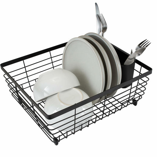 Kitchen Details Flat Wire Dish Drying Rack with Cutlery Basket Black
